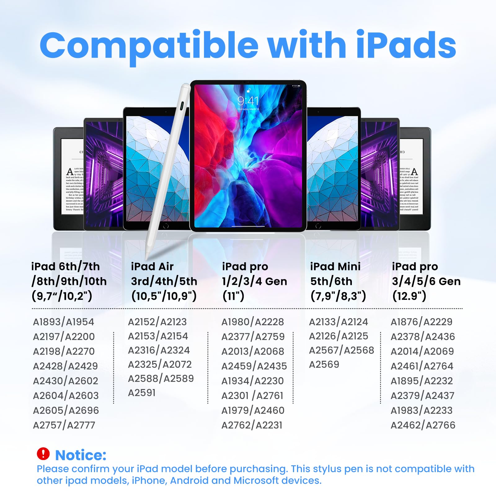Apple Pencil for iPad 10th/9th/8th Gen, iPad Air 4th/5th Gen, iPad Mini 6th Gen & iPad Pro 11/12.9 Inch - Magnetic Wireless Charging USB-C Stylus Pen - Perfect for Drawing, Note-Taking & Professional Work