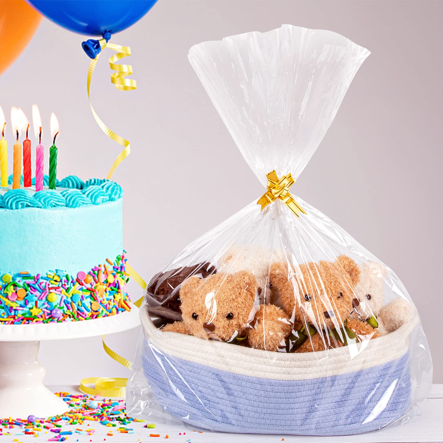 50pcs Clear Cellophane Gift Bags - 3 Sizes (12x18, 16x24, 24x30 inches) with 50 Pull Bows for Gift Wrapping, Party Favors, Wedding Favors & Holiday Packaging - Premium Plastic Packaging Bags for Candy, Cookies & Gift Baskets