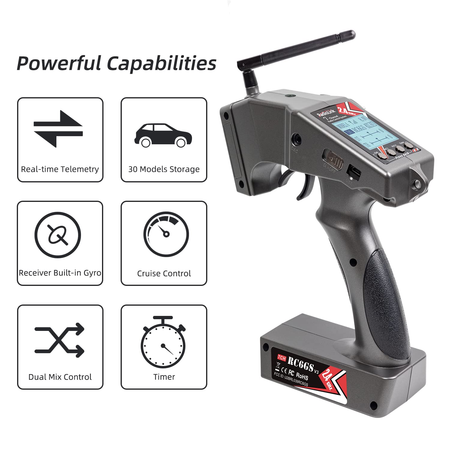 Radiolink RC6GS V3 2.4GHz 7-Channel RC Car Radio Controller Kit with R6FG Gyro Receiver - Long Range Remote Control for RC Crawler, Truck, Drifting, Buggy - Perfect for Off-Road Racing and Professional RC Hobbyists