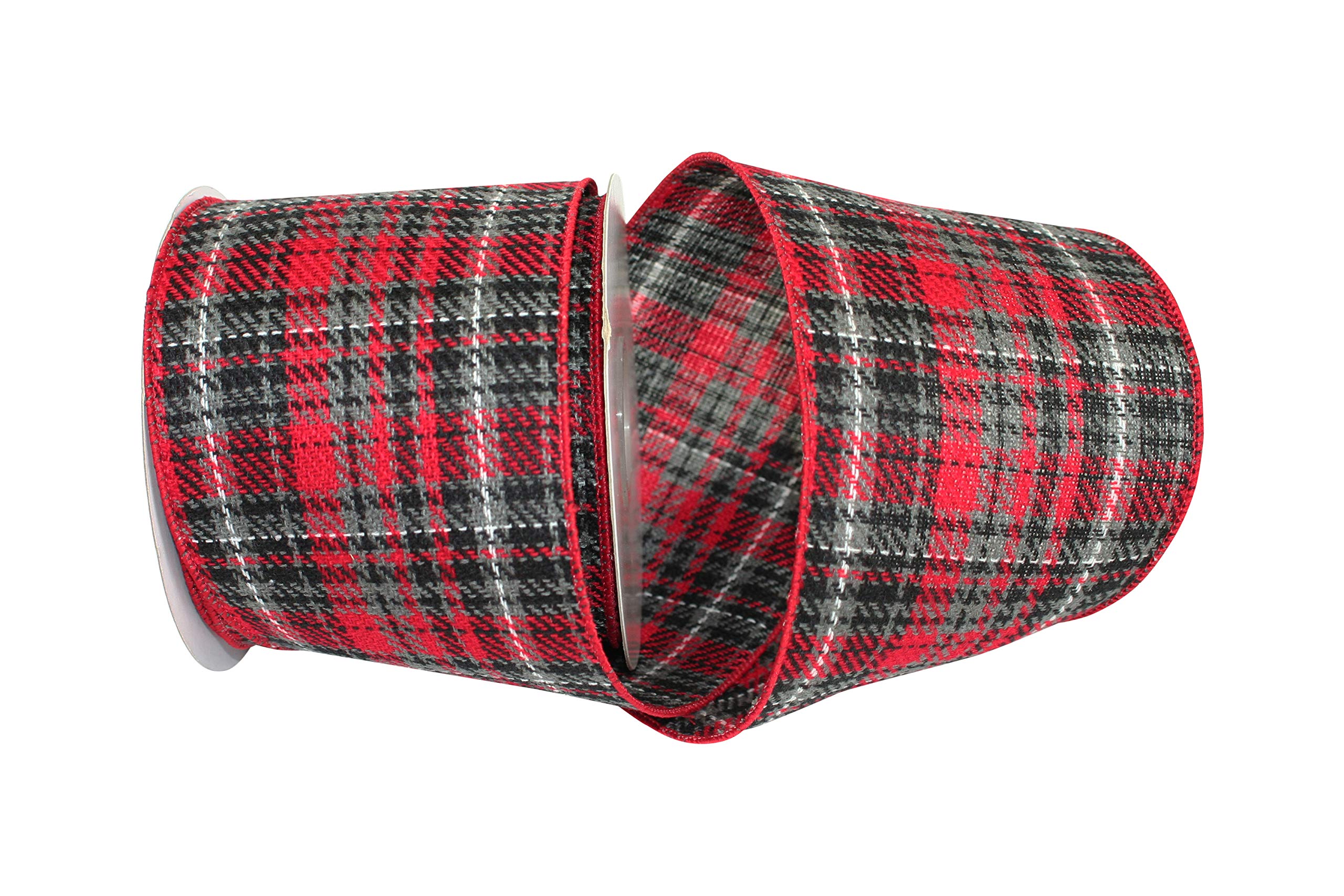 Reliant Ribbon Red Grey Plaid Heavy Twill Wired Edge Ribbon - 4 Inch X 10 Yards, Multi-Color Decorative Ribbon for Gift Wrapping, Christmas Tree Decor, DIY Crafts and Home Decoration