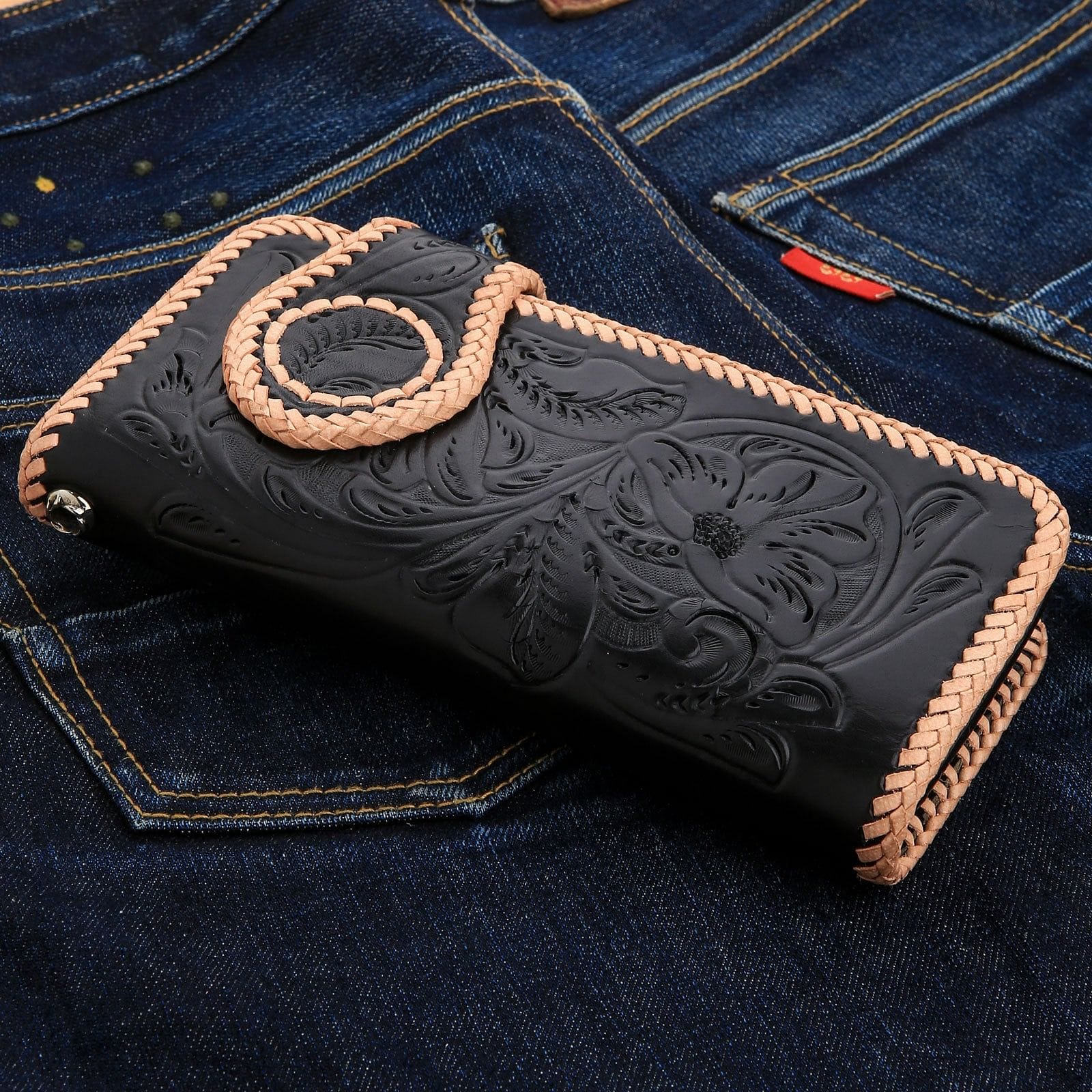 Genuine Leather Biker Wallet - Black & White Indian Snap Design for Men & Women | Perfect for Motorcycle Riders, Travel & Everyday Use