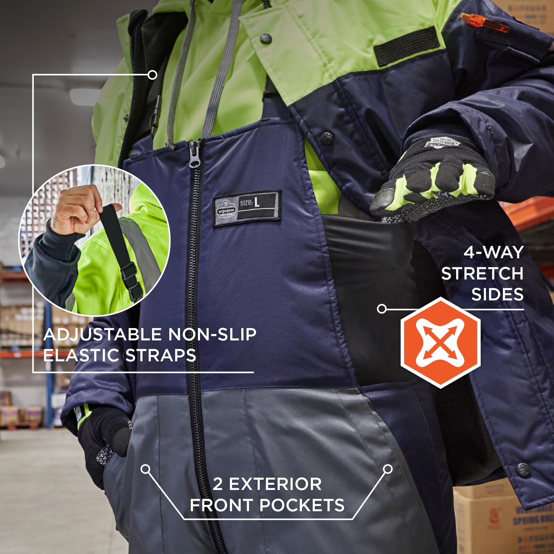 Ergodyne N-Ferno 6477 Insulated Freezer Bib Overalls - Cold Storage Work Gear for Men & Women - Waterproof & Thermal Protection for Freezer Workers, Butchers & Food Processing - Heavy Duty Winter Workwear