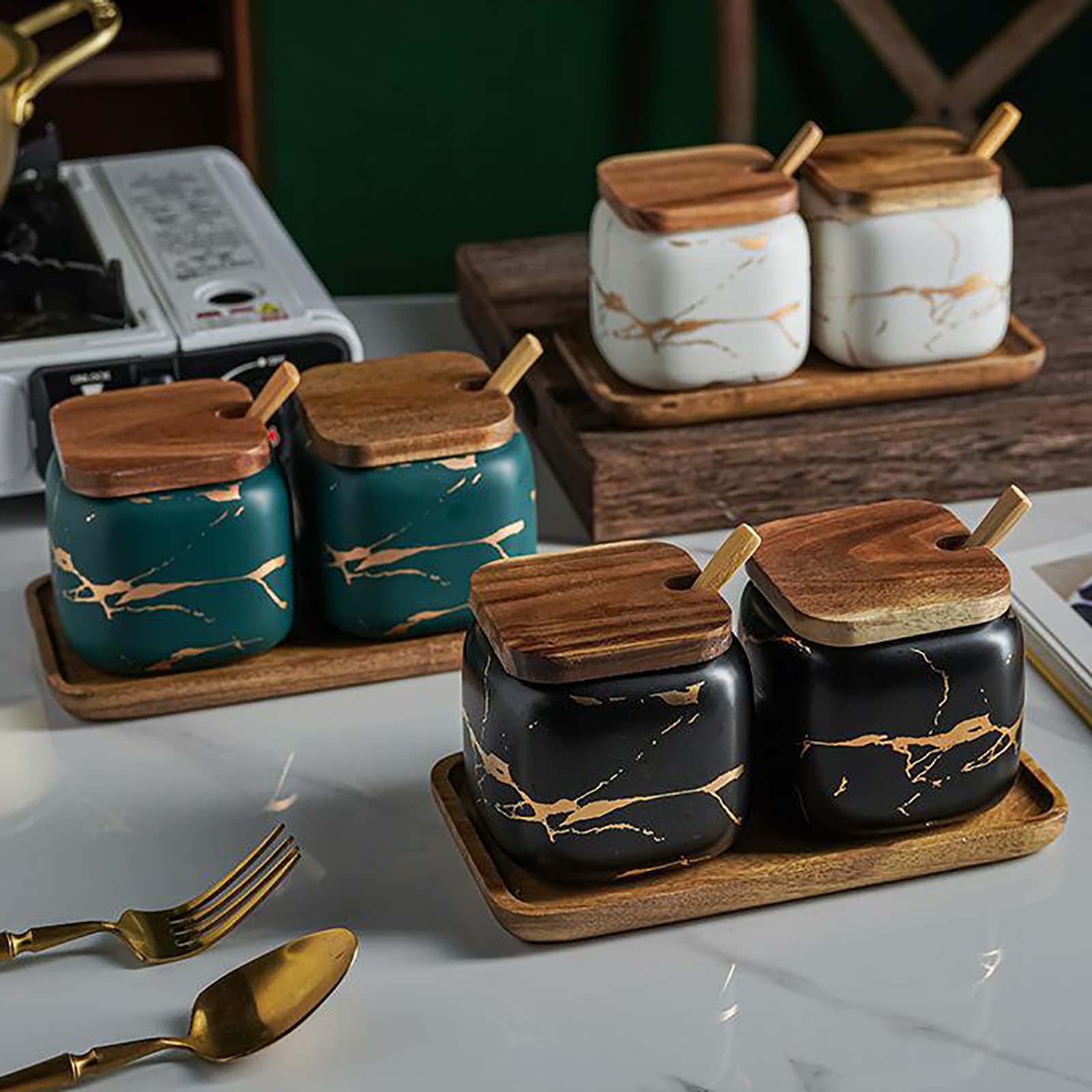 2-Piece Marble Ceramic Seasoning Jars Set with Wooden Lids, Spoon & Tray - Salt, Sugar & Spice Storage Containers - Perfect for Kitchen Countertop & Dining Table Organization (Black)