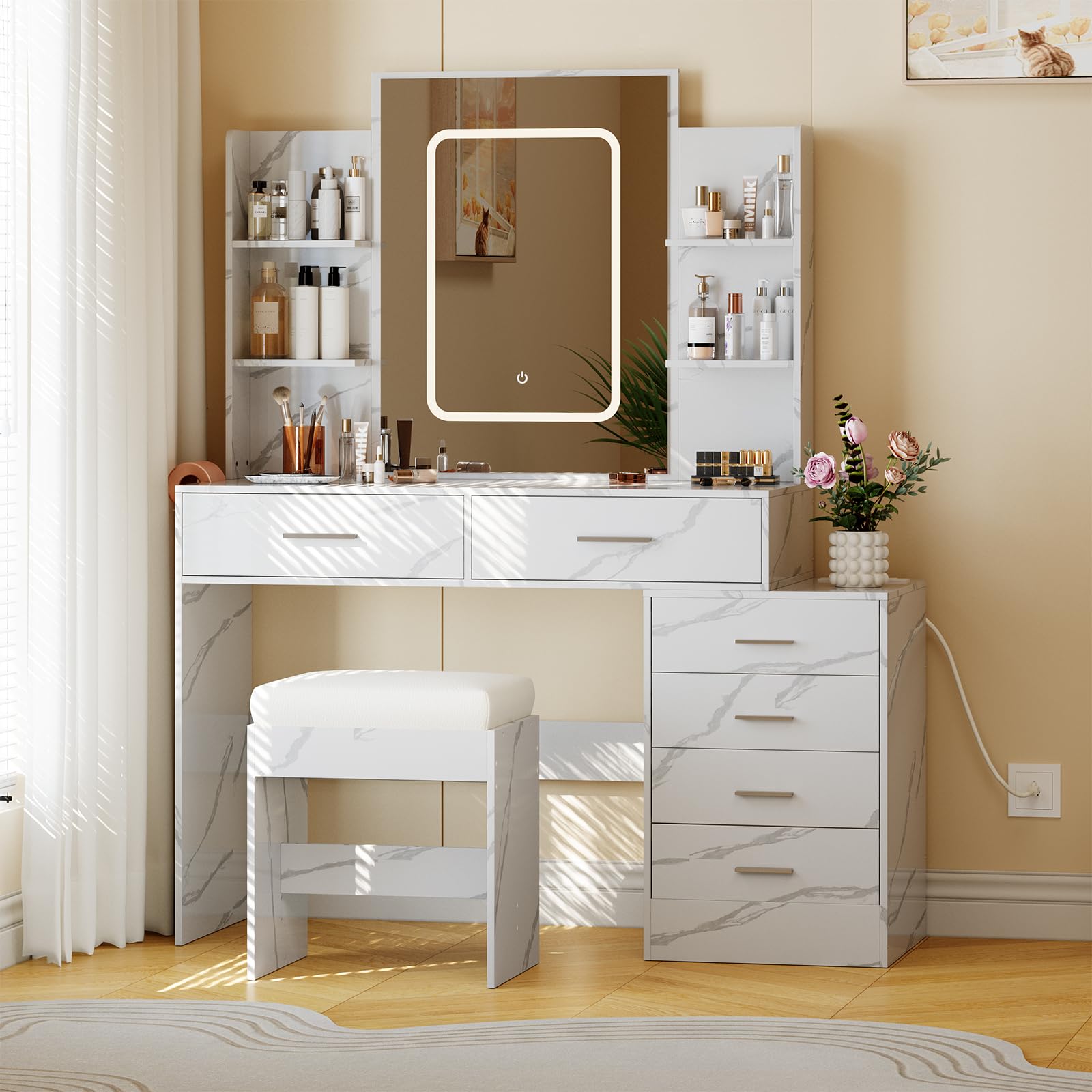 Vanity Desk with Mirror and LED Lights - Makeup Vanity Set with USB Charging Station, 6 Storage Drawers & Shelves, Includes Stool - Perfect for Bedroom, Dressing Room & Beauty Salon Makeup Application