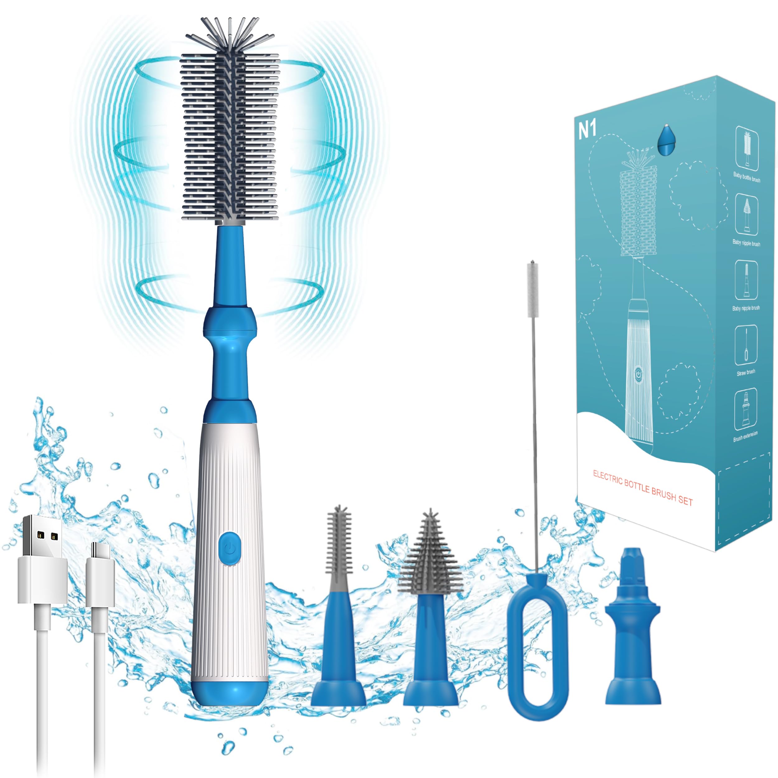 Electric Bottle Brush with Long Handle - 1500mAh Rechargeable, IP65 Waterproof for Baby Bottles, Water Bottles & Hard-to-Reach Areas - Perfect for Home, Travel & Camping Cleaning