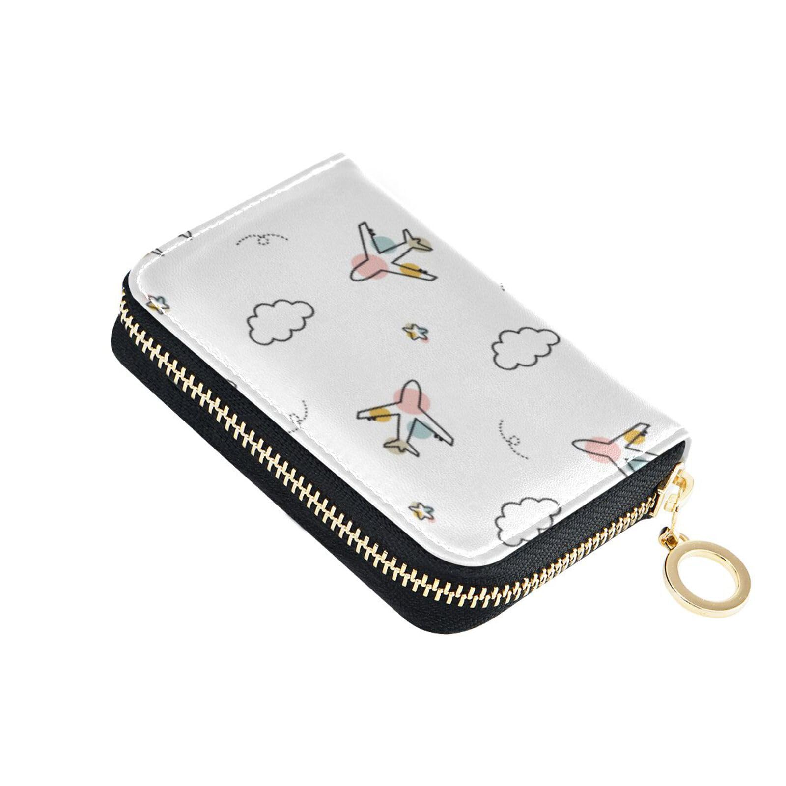 FRODOTGV RFID Blocking Leather Credit Card Holder Wallet for Women - Slim Zip Money Organizer with Airplane & Clouds Design - Perfect for Travel, Shopping & Everyday Use