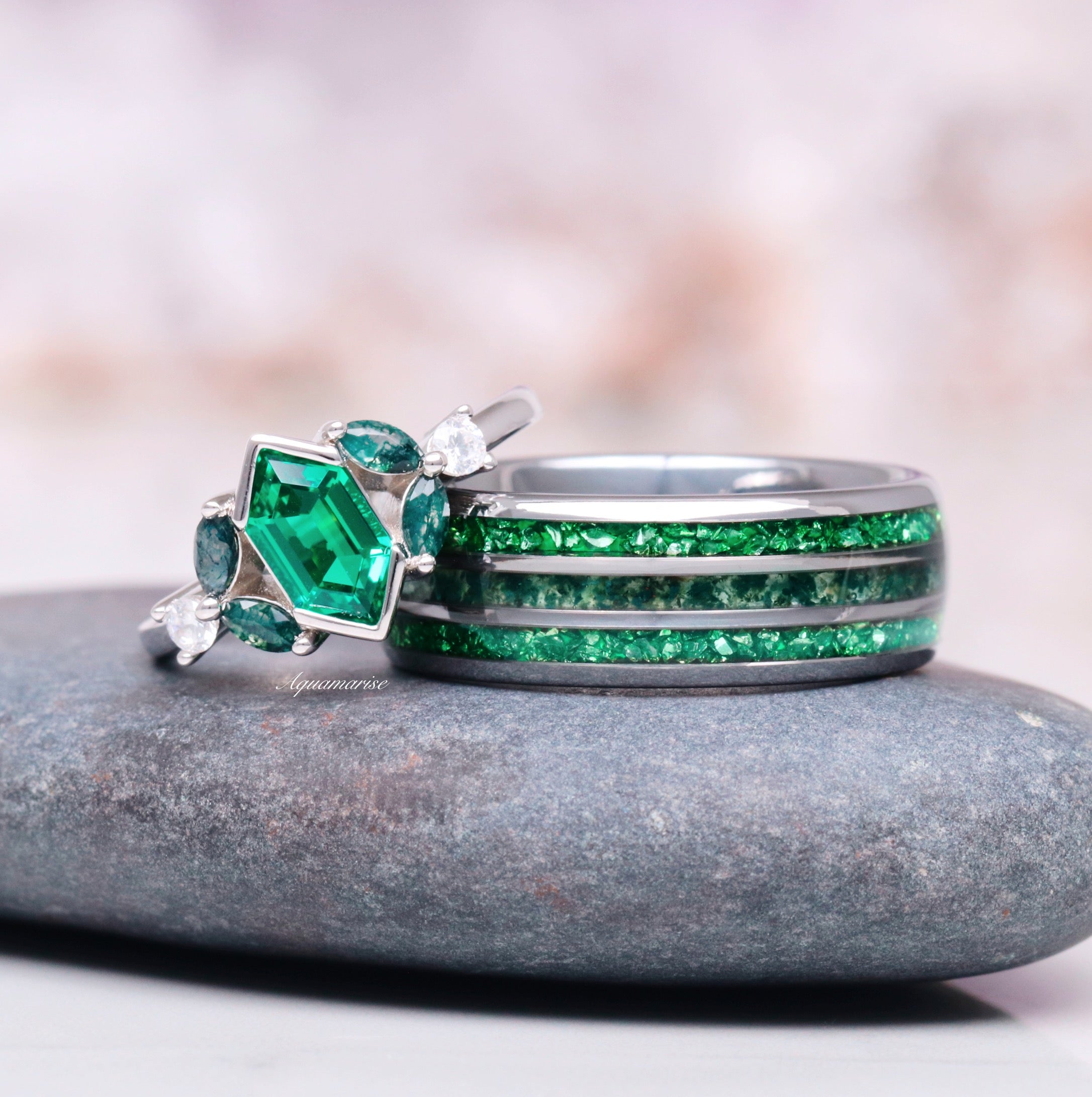 Hexagon Emerald & Moss Agate Leaf Ring - Sterling Silver Jewelry for Women, Nature-Inspired Bohemian Style, Perfect for Weddings & Everyday Wear