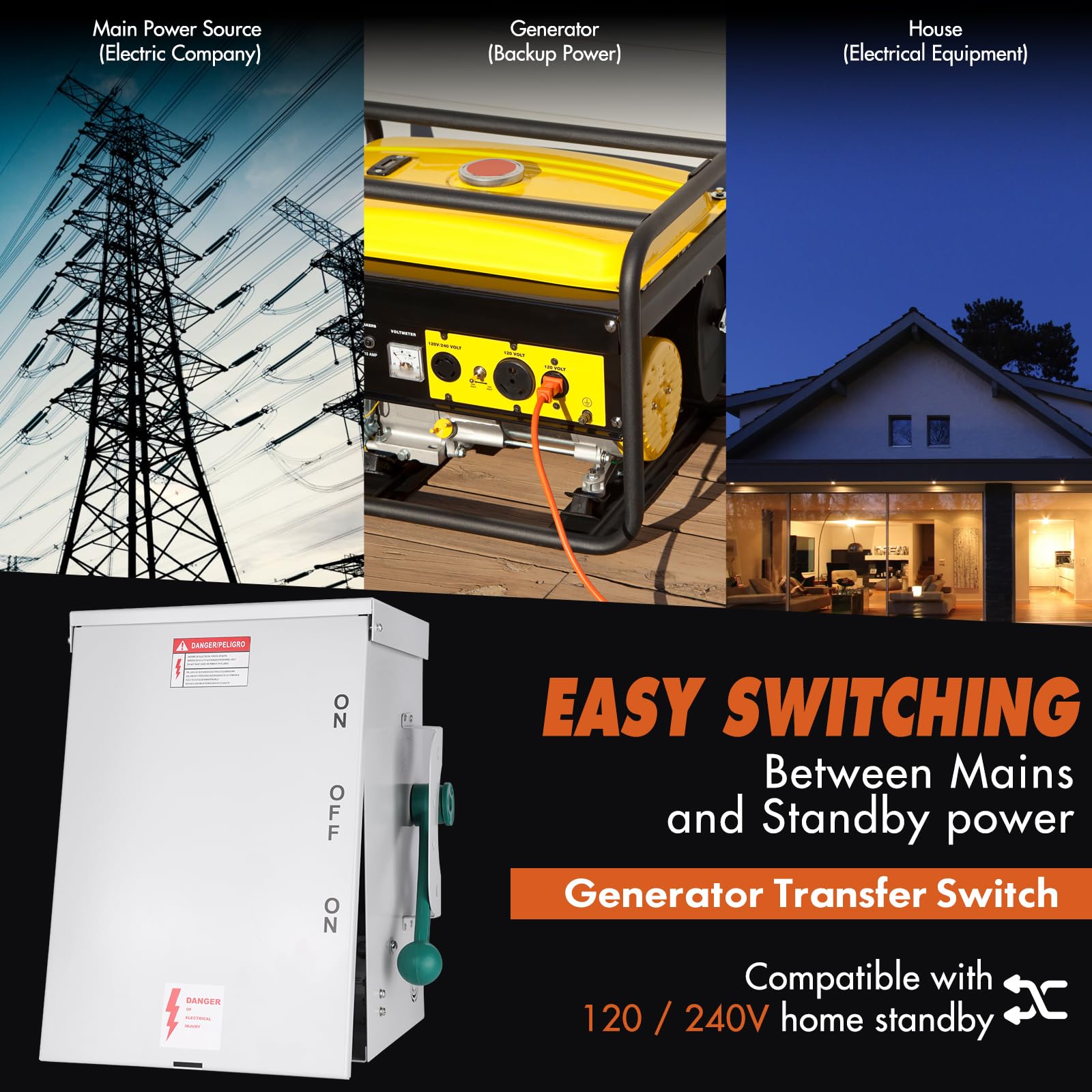 200 Amp Generator Transfer Switch, 48000W 120/240V Heavy Duty Manual Double-Throw Safety Switch - NEMA 3R Rated for Outdoor & Indoor Use - Perfect for Home Backup Power & Emergency Power Transfer