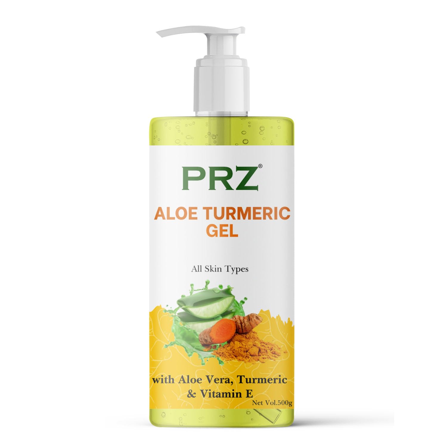 PRZ 100% Pure & Natural Aloe Turmeric Gel with Aloe Vera, Turmeric & Vitamin E for Skin Care, Hydration & Soothing - 500g - Perfect for Sunburn Relief, Dry Skin & Daily Moisturizing