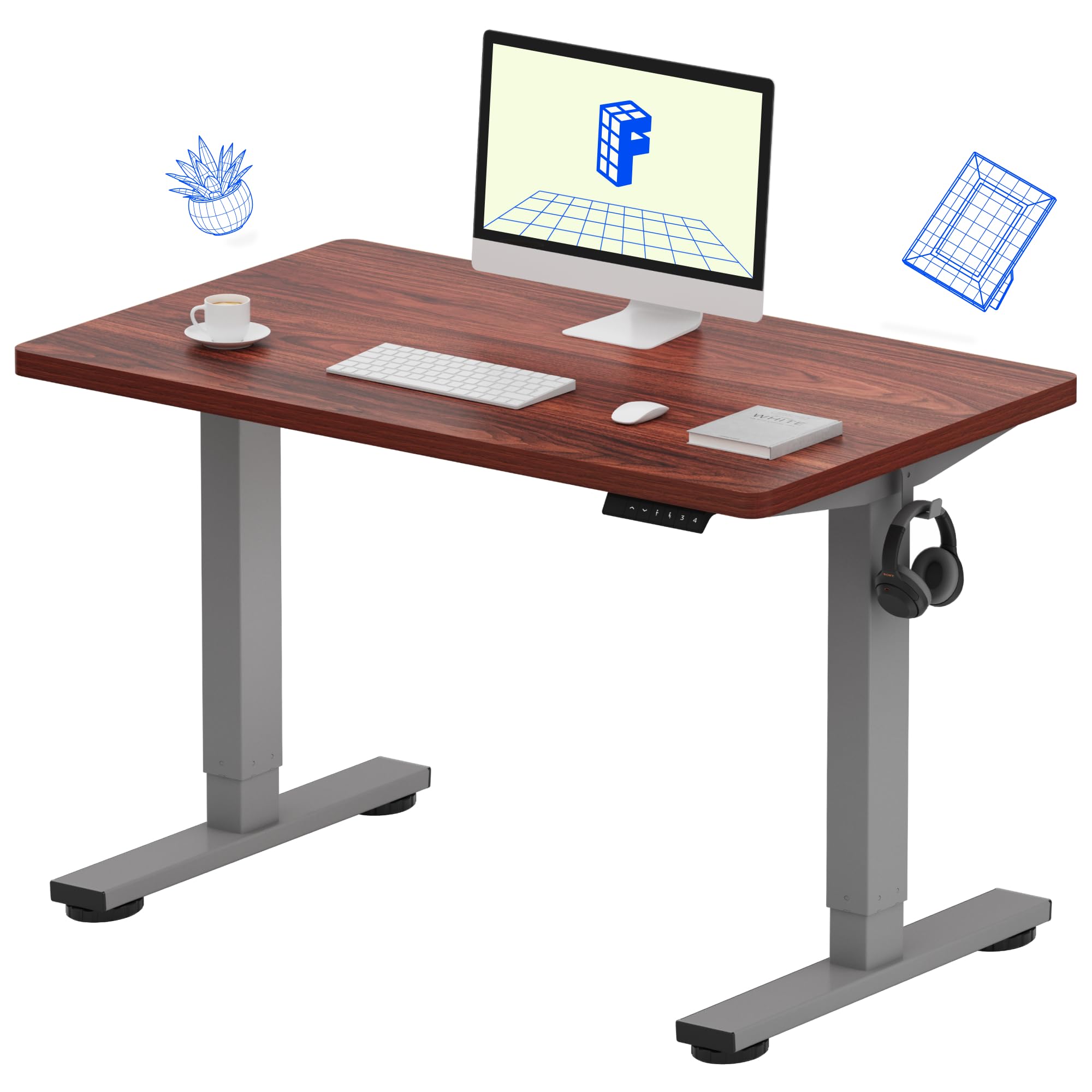 FLEXISPOT EN1 Electric Height Adjustable Standing Desk - 40 x 24 Inches One-Piece Seamless Desktop (Silver Frame & Mahogany Top) for Home Office, Gaming & Workspace Ergonomics - 2 Packages Included