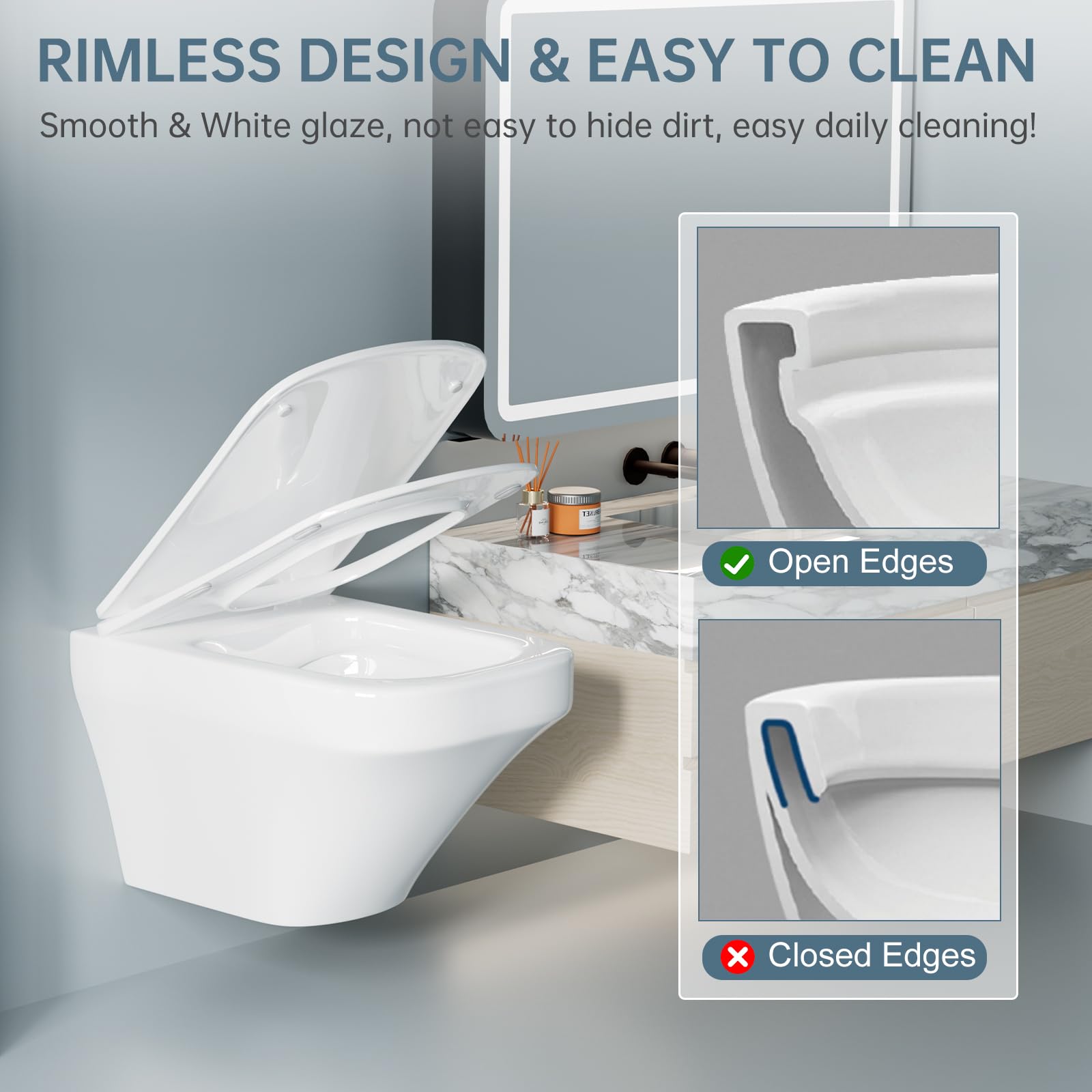 Wall Mounted Toilet Bowl - Modern Square One Piece Wall Hung Toilet with Soft Closing Seat, Rear Outlet Design for Bathroom (Tank & Bracket Not Included) | Perfect for Small Bathrooms, Luxury Homes & Commercial Spaces