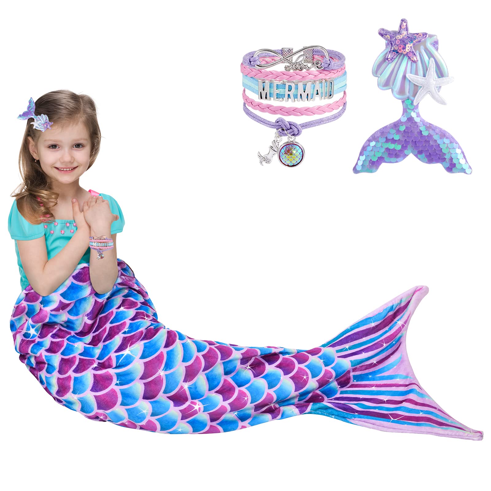 WERNNSAI Mermaid Tail Blanket for Girls & Teens - Soft Flannel Wearable Blanket with Sequin Hairpin Bracelet, 55