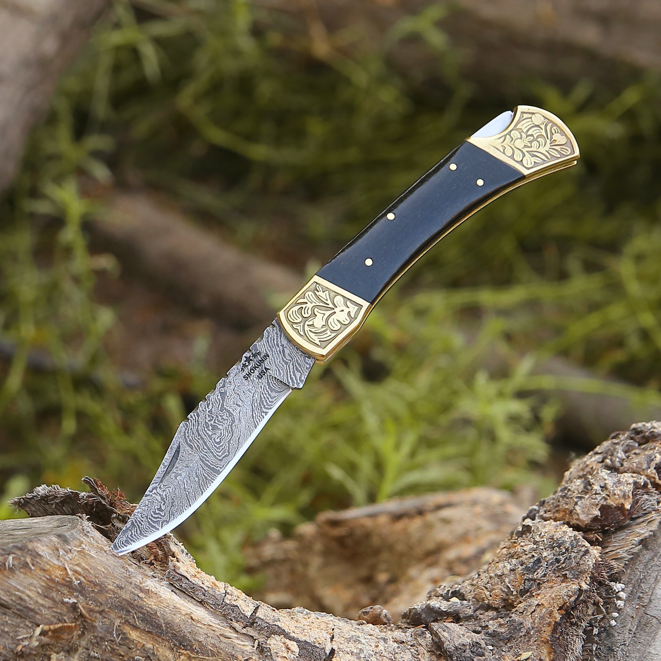 Premium Damascus Steel Pocket Knife - Handcrafted with Genuine Leather Sheath & Natural Horn Handle - Perfect for Outdoor Adventures, Camping, Hunting and Everyday Carry (EDC)