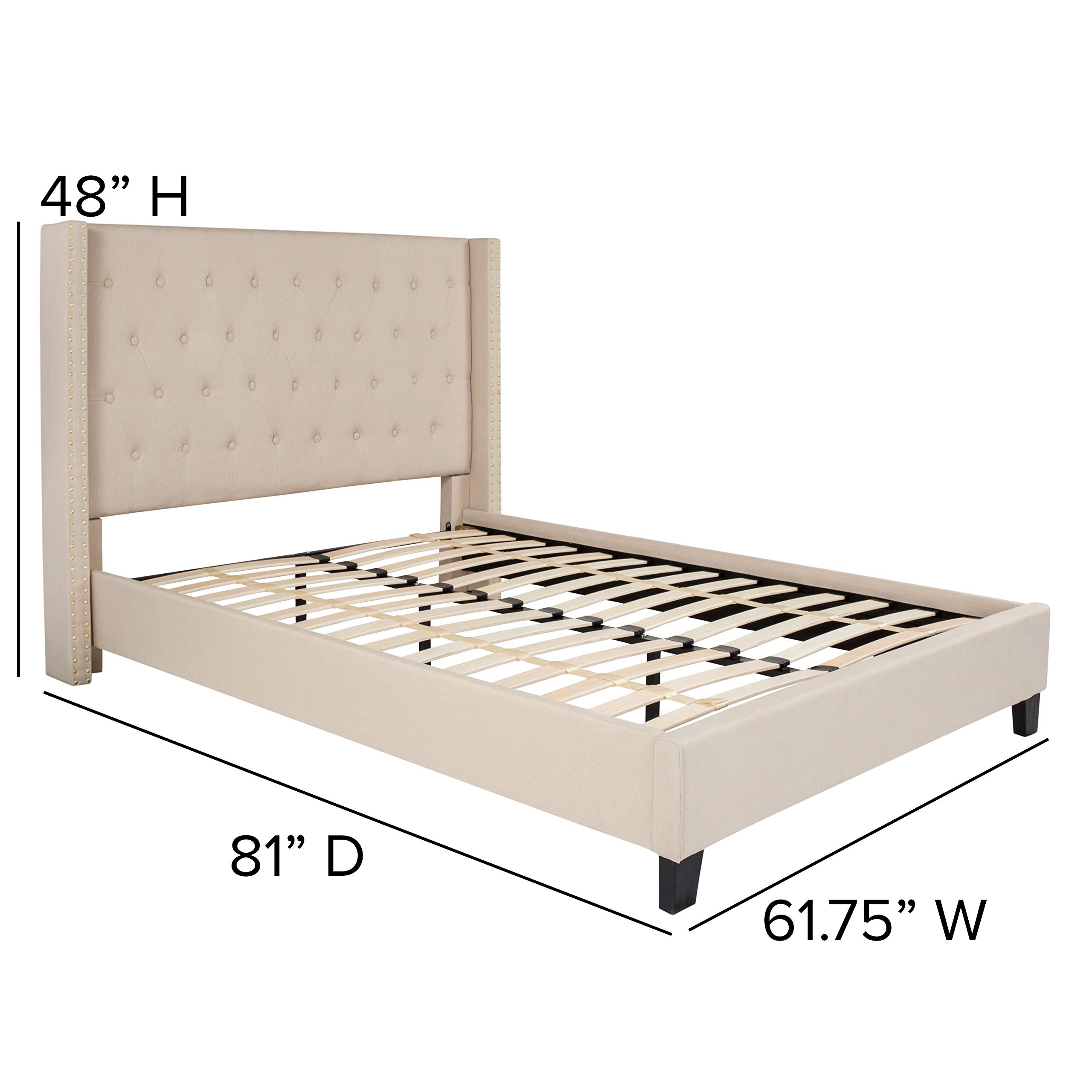 Full Accent Extended Panel Platform Bed Frame - Beige Fabric Upholstered Queen Size Bed with Headboard | Modern Bedroom Furniture for Small Spaces & Guest Rooms
