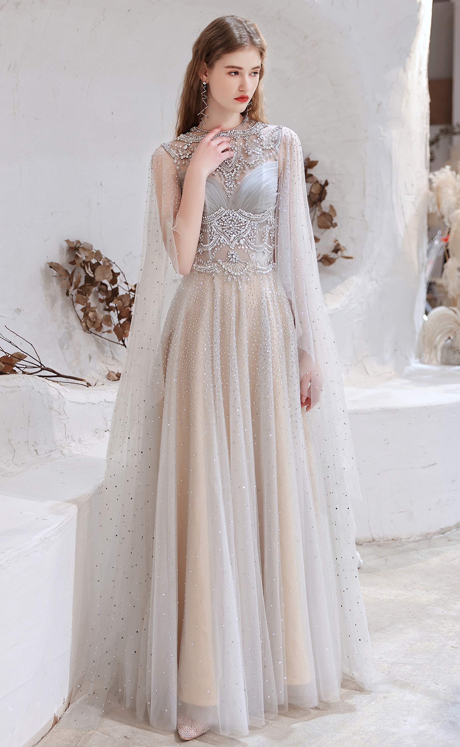 Elegant Women's A-Line Beaded Sequins Tulle Evening Gown with Detachable Shawl - Perfect for Prom, Wedding Guest, Cocktail Party & Formal Occasions