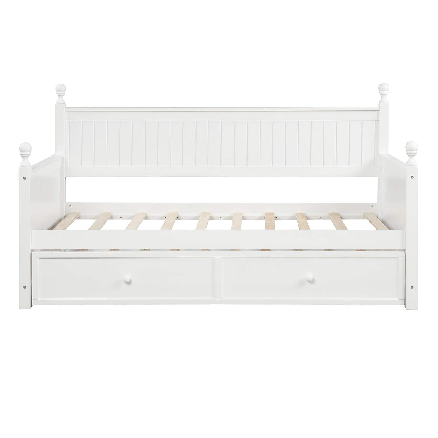 White Twin Size Wood Daybed with Trundle - Convertible Sofa Bed Frame for Living Room, Guest Room & Small Spaces - Comfortable & Space-Saving Sleeping Solution