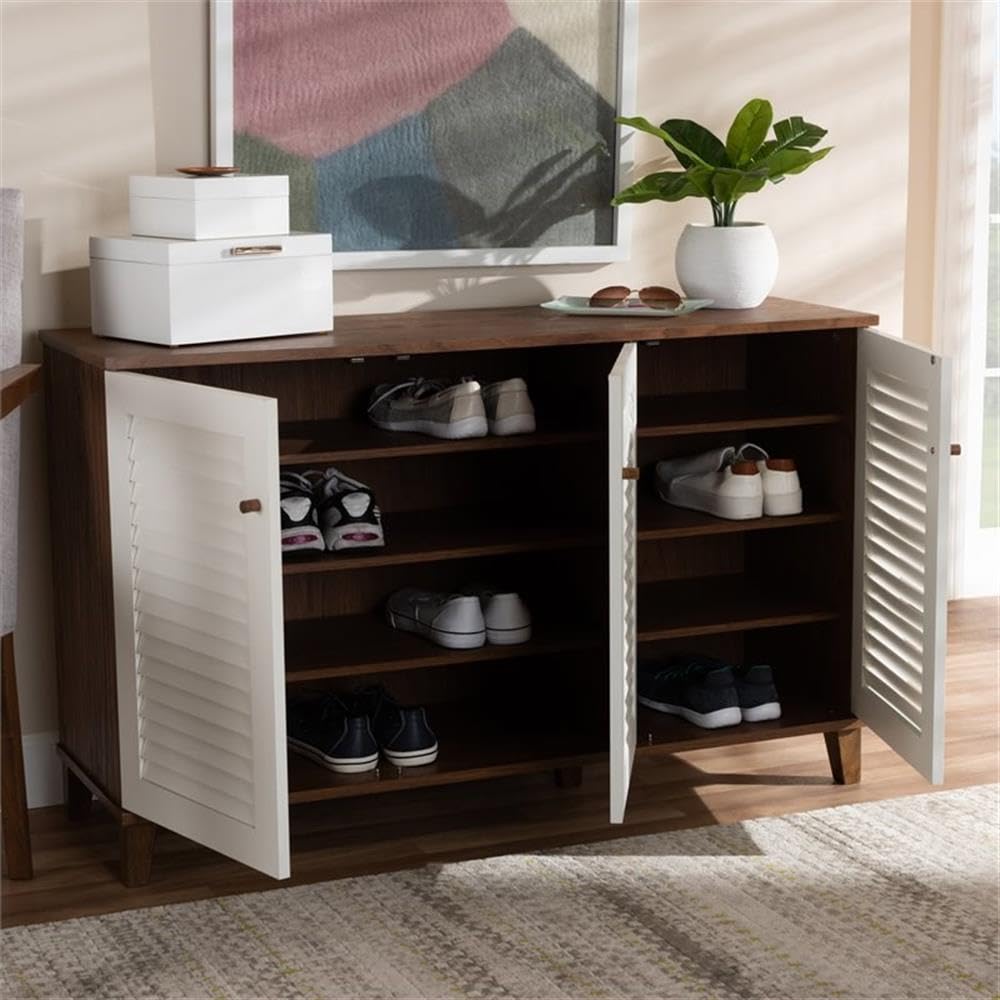BOWERY HILL Modern Walnut 8-Shelf Shoe Storage Cabinet - Contemporary Shoe Organizer for Entryway, Closet & Bedroom Organization