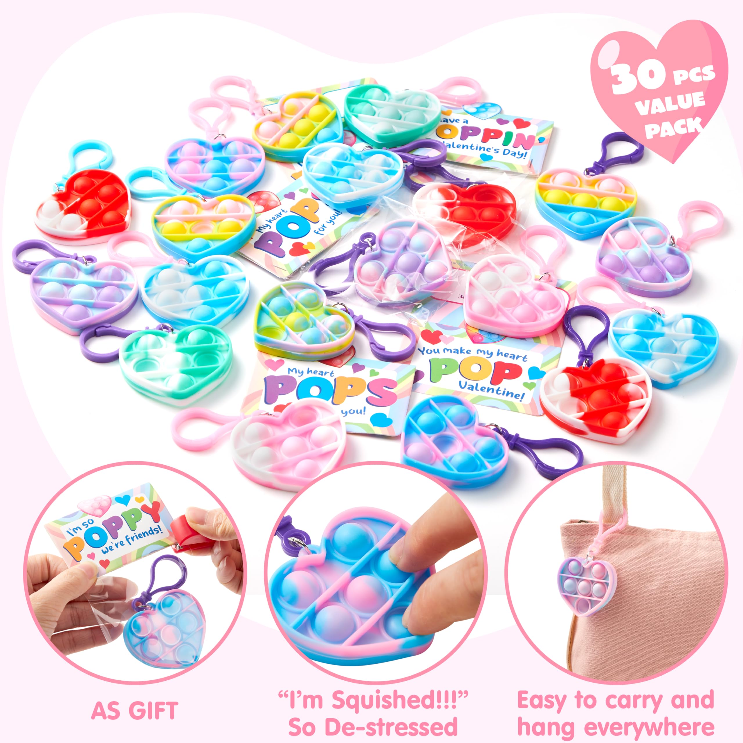 JOYIN 30 Pack Heart Pop Bubble Keychain Gift Cards with Mini Pop Squeeze Toys - Stress Relief Fidget Toys for Kids, Party Favors, Classroom Exchange & Game Prizes - Perfect for Birthday Gifts, School Rewards and Anxiety Relief
