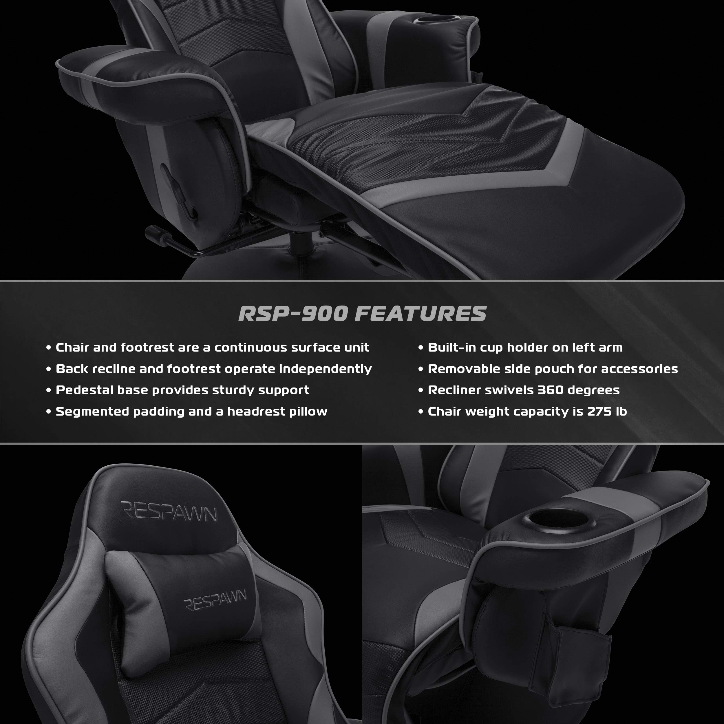 RESPAWN 900 Racing Style Gaming Recliner Chair - Gray Ergonomic Video Game Chair with Footrest for PC, Console & Home Theater Gaming Comfort