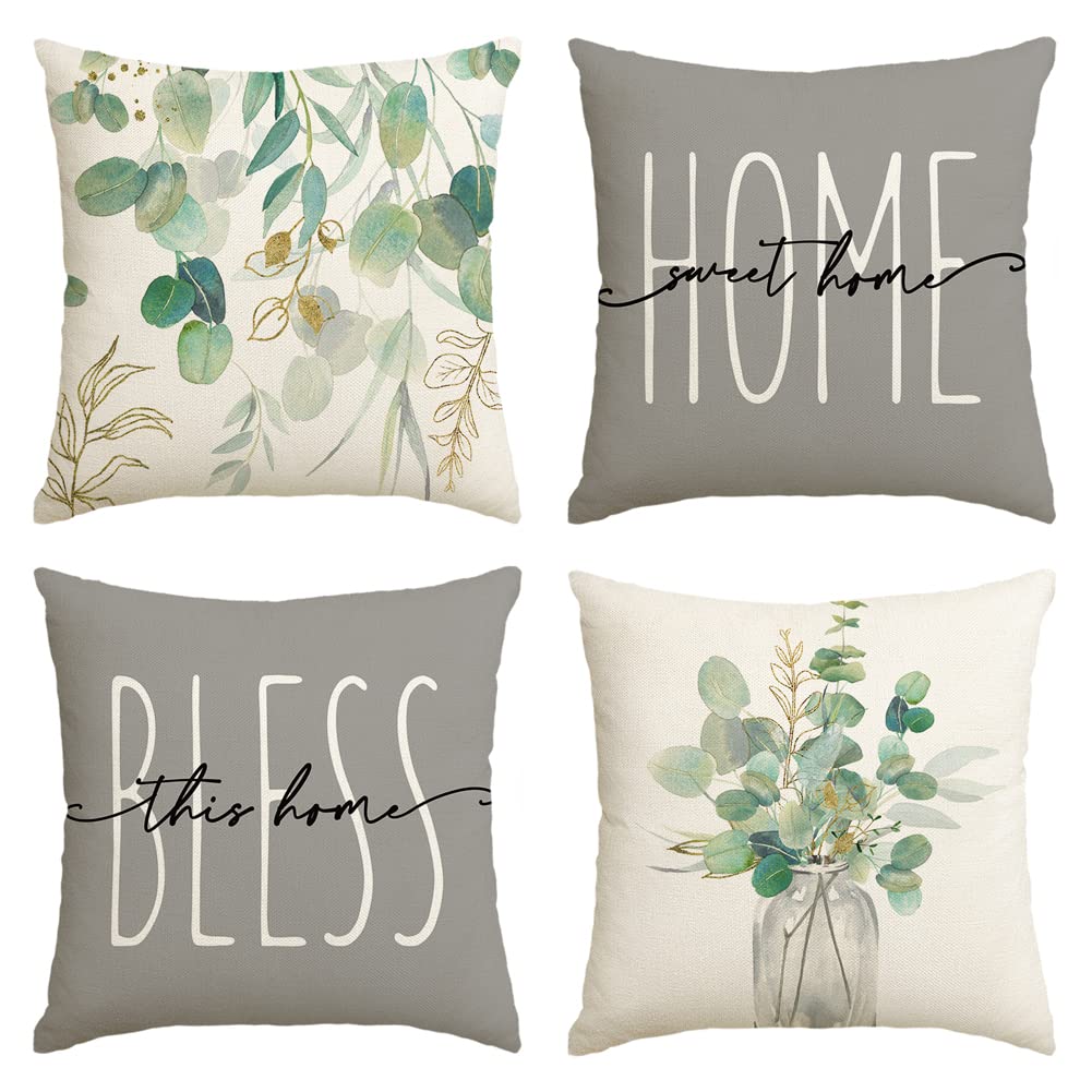 AVOIN Colorlife Home Sweet Home Eucalyptus Leaves Throw Pillow Covers 20x20 Inch Set of 4 - Soft Decorative Cushion Covers for Sofa, Bed, Living Room - Spring Summer Home Decor & Seasonal Farmhouse Decorations