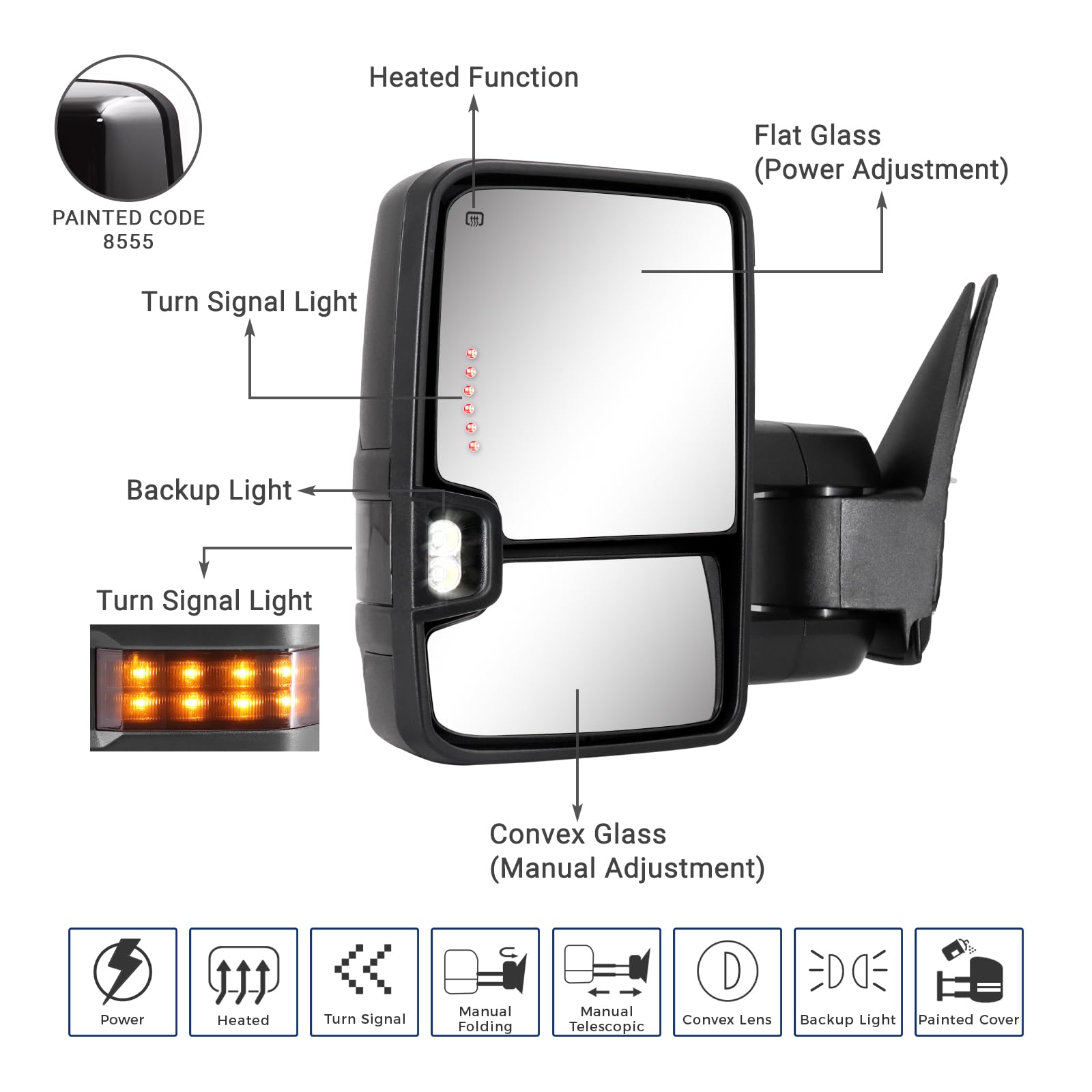 2003-2007 Chevy Silverado & GMC Sierra Power Heated Towing Mirrors with Turn Signal & Backup Lamp - Black Painted (8555) - Perfect for Towing, Highway Driving & Night Visibility