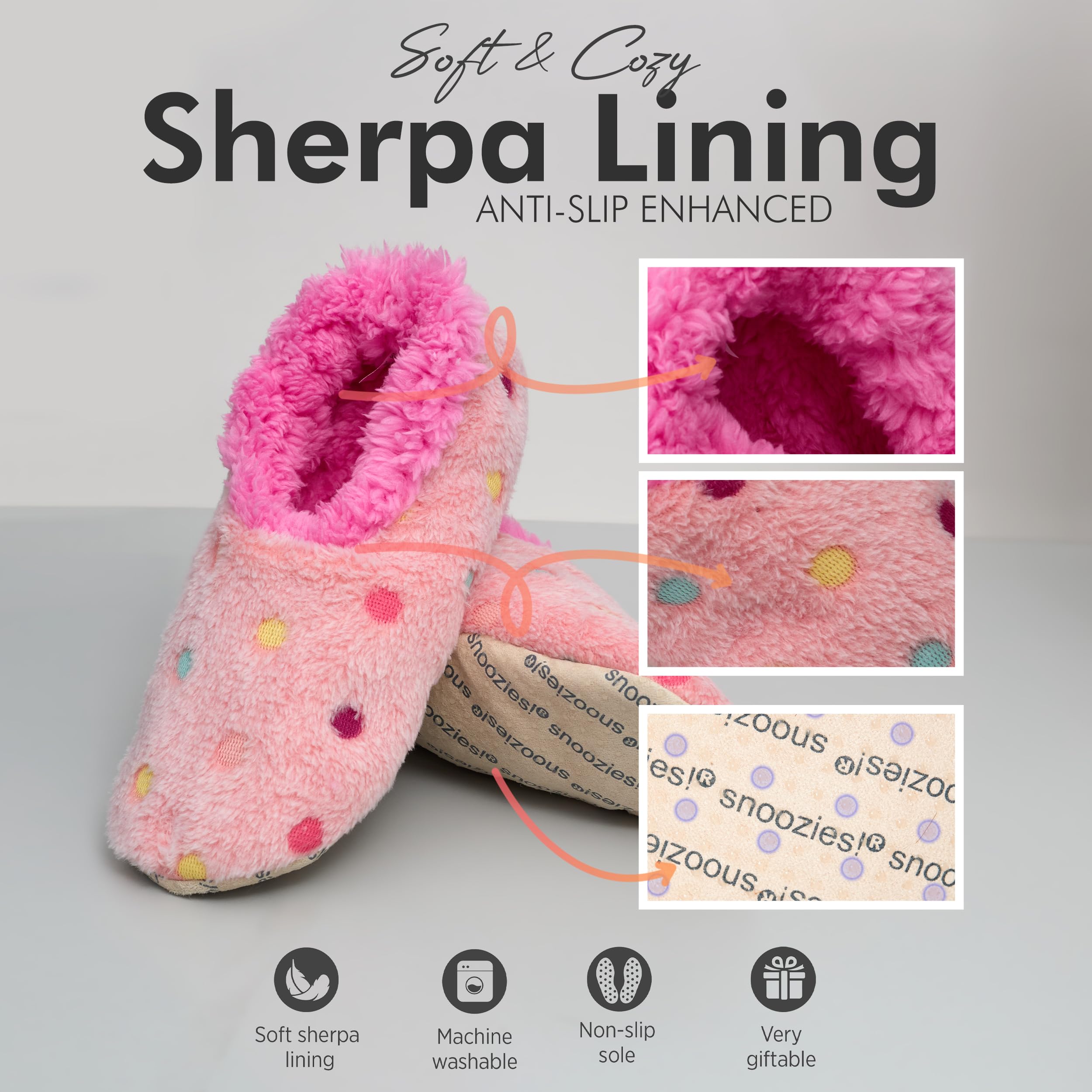 Snoozies Women's Cozy Sherpa Slipper Socks - Soft Fuzzy House Slippers with Colorful Dots Design | Warm Indoor Footwear for Relaxing at Home, Lounging & Winter Comfort