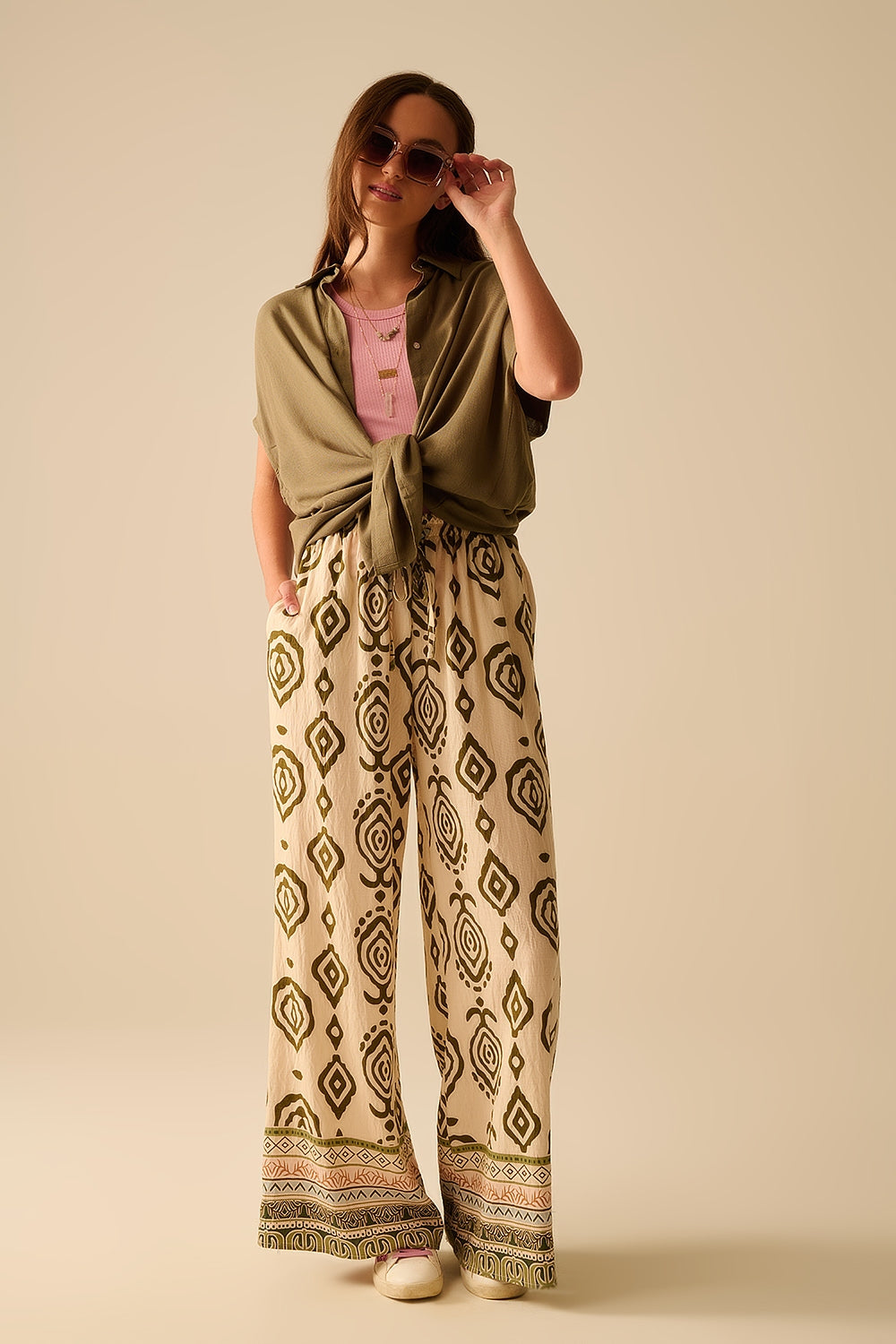 Bohemian Print Wide Leg Khaki Pants for Women - Casual Chic Palazzo Trousers for Summer, Travel & Boho Style Outfits