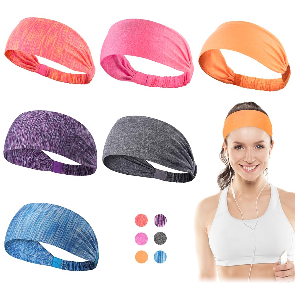 Dreamlover Women's Workout Headbands - 6 Pack Non-Slip Athletic Sweatbands for Running, Yoga, Gym & Sports - Breathable Fitness Headbands for Women with Wicking Fabric
