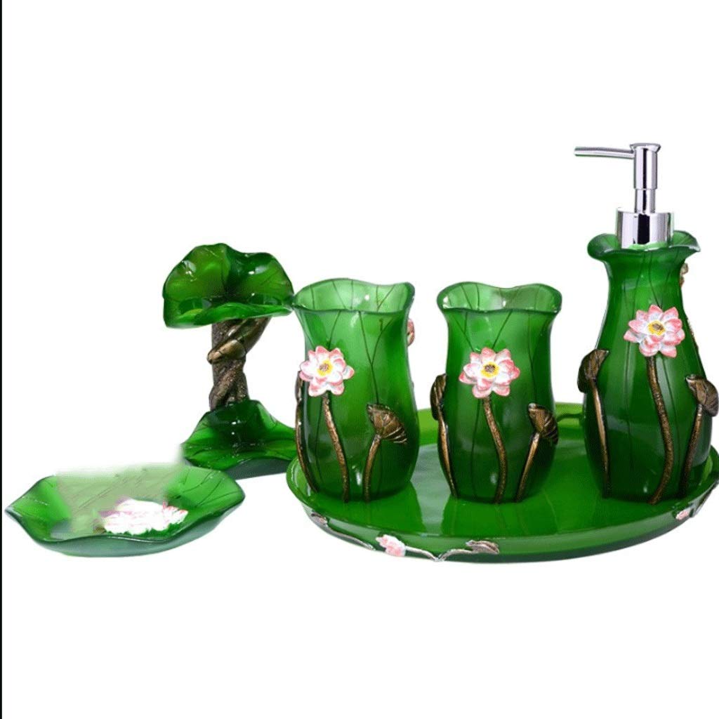 Premium 5-Piece Resin Bathroom Set - Soap Dispenser, Toothbrush Holder, Soap Dish, 2 Tumblers & Tray - Elegant Green Bathroom Accessories for Modern Homes | Perfect for Guest Bathrooms, Master Suites & Spa-Style Decor