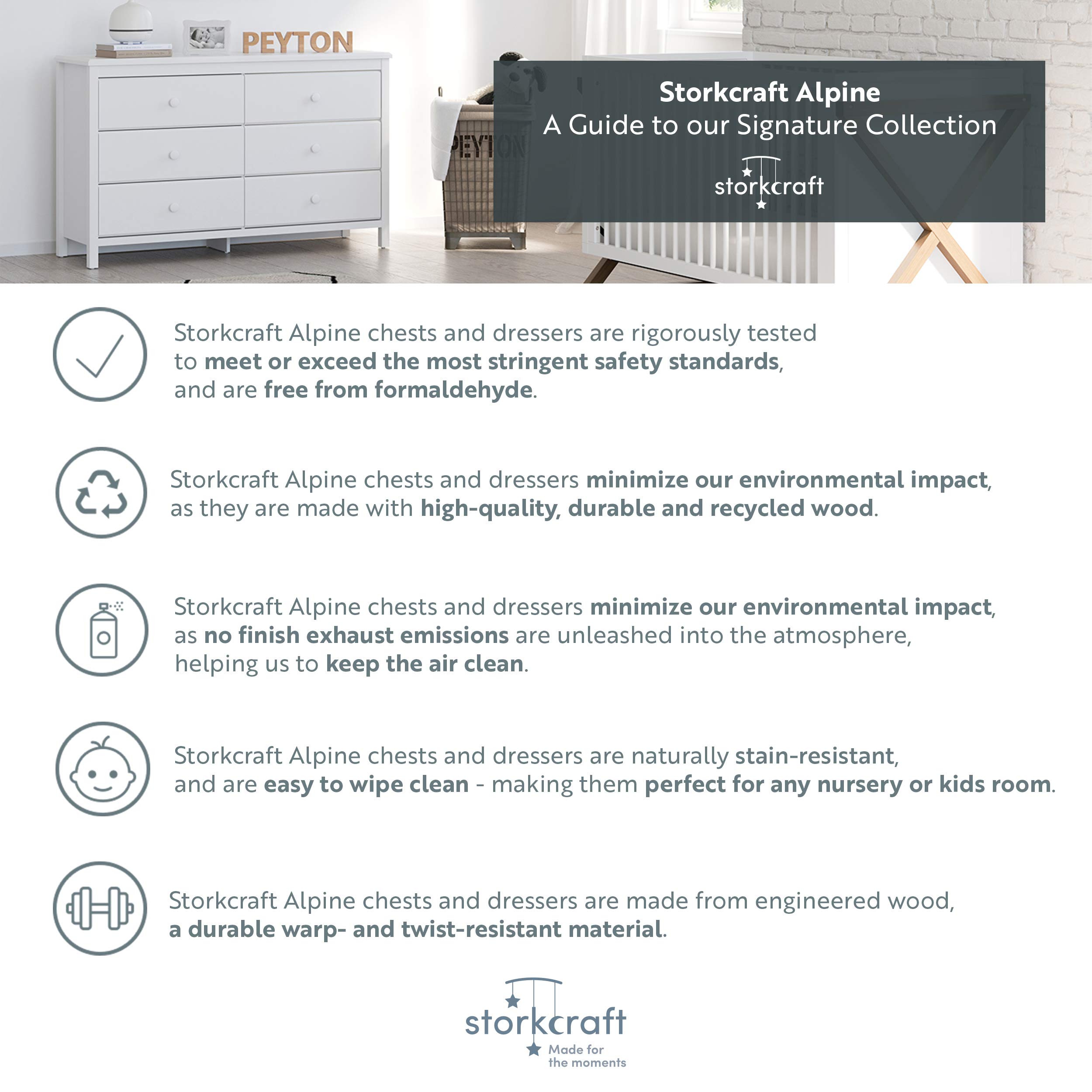 Storkcraft Alpine 6-Drawer Double Dresser in Gray - GREENGUARD Gold Certified Nursery Dresser with Smooth Gliding Drawers | Perfect for Kids' Room Organization, Baby Clothes Storage & Bedroom Furniture