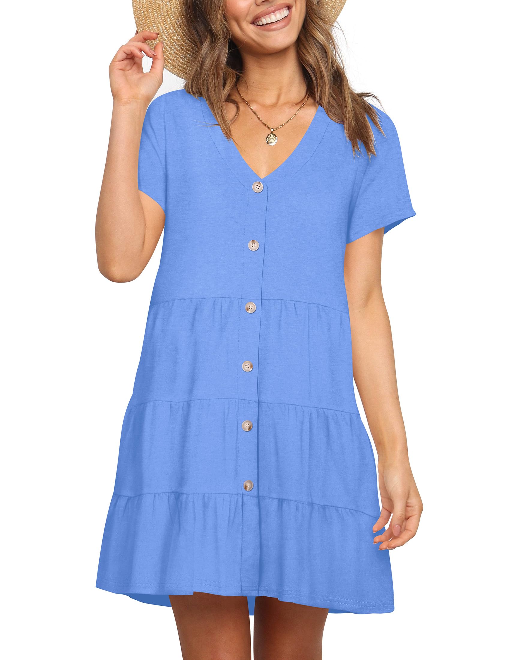 Nova In Sky Women's Summer Dresses 2025 - Short Sleeve V-Neck Casual Swing Dress with Buttons | Loose Fit T-Shirt Dress for Beach, Vacation & Everyday Wear