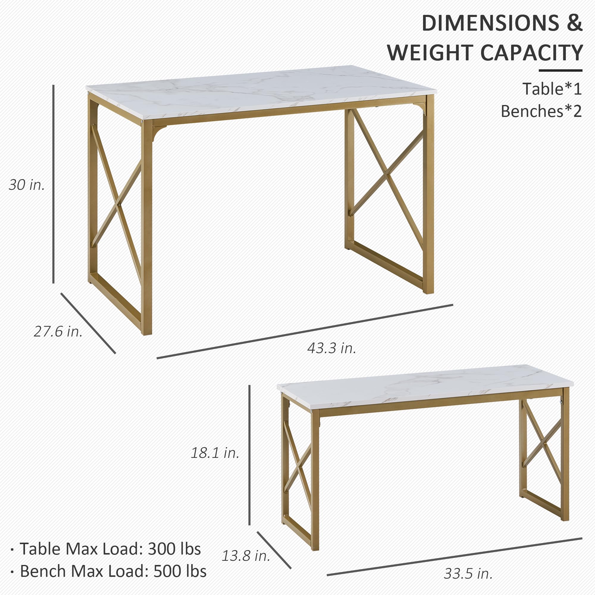 VECELO 4-Person Wooden Kitchen Table Set with 2 Benches - Metal Frame Dining Room Furniture for Small Spaces | Perfect for Breakfast Nook, Apartment Dining & Compact Homes