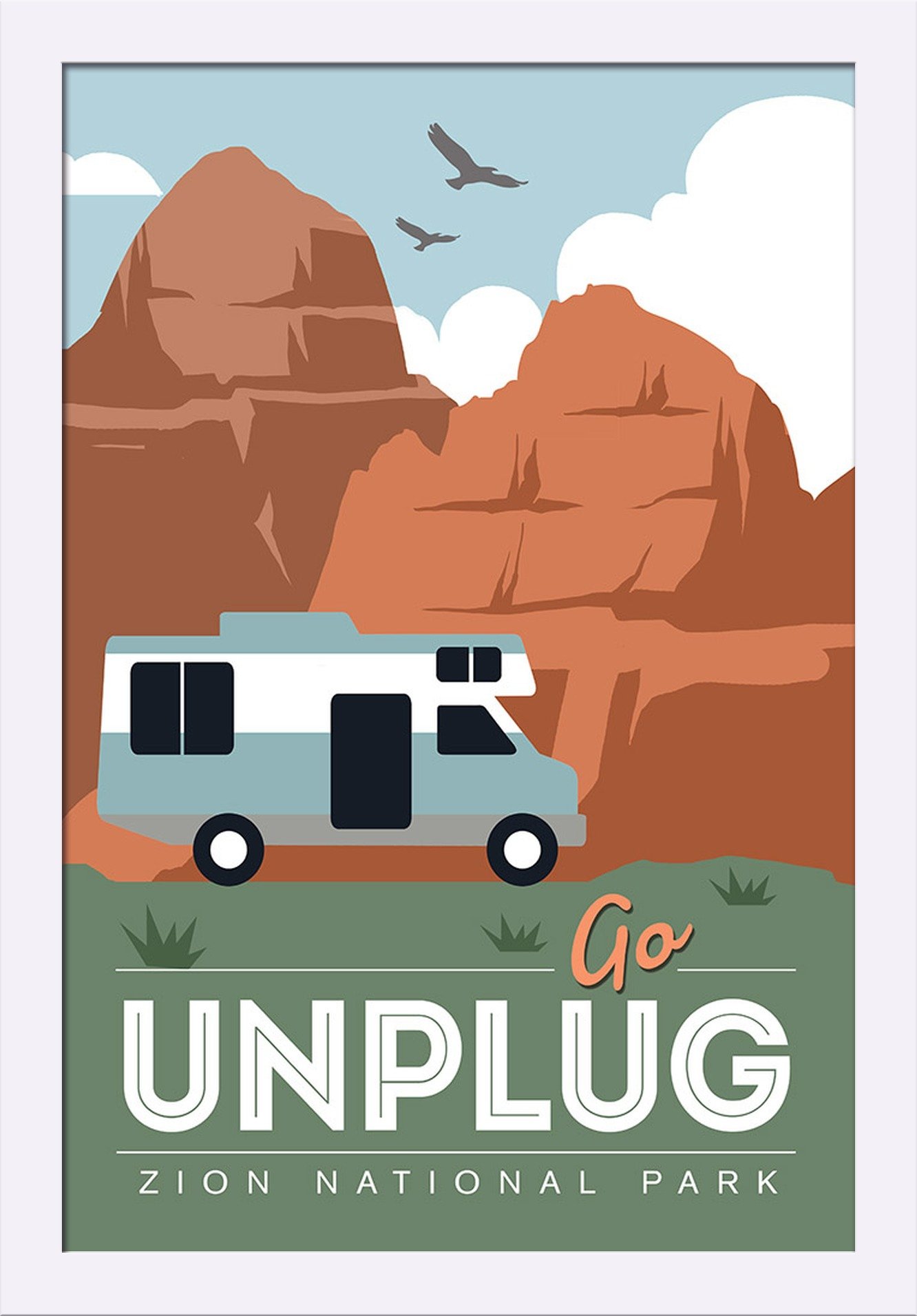 Zion National Park Utah Retro RV Art Print - 16x24 Giclee Fine Art on Recycled Wood Frame (White) - Perfect for Home Office, Living Room & Cabin Decor