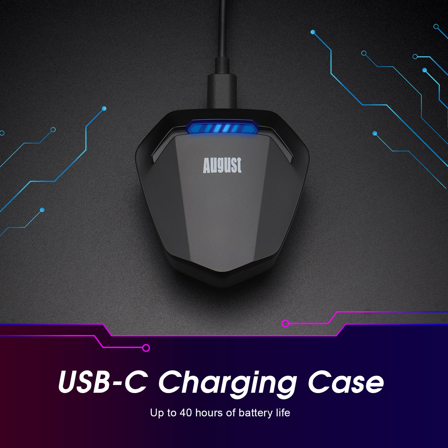 August EPG500 Bluetooth Gaming Earphones with Dual Microphone & USB-C Charging Case - Wireless Headphones for Mobile Gaming, Work Calls & Music Listening