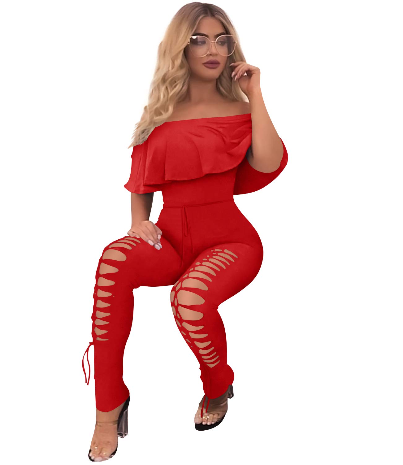 PRETTYGARDEN Women's Sexy Off Shoulder Bodycon Jumpsuit Romper with Ruffle Sleeves & Hollow Out Design - Summer Clubwear, Party Outfit, Date Night Dress