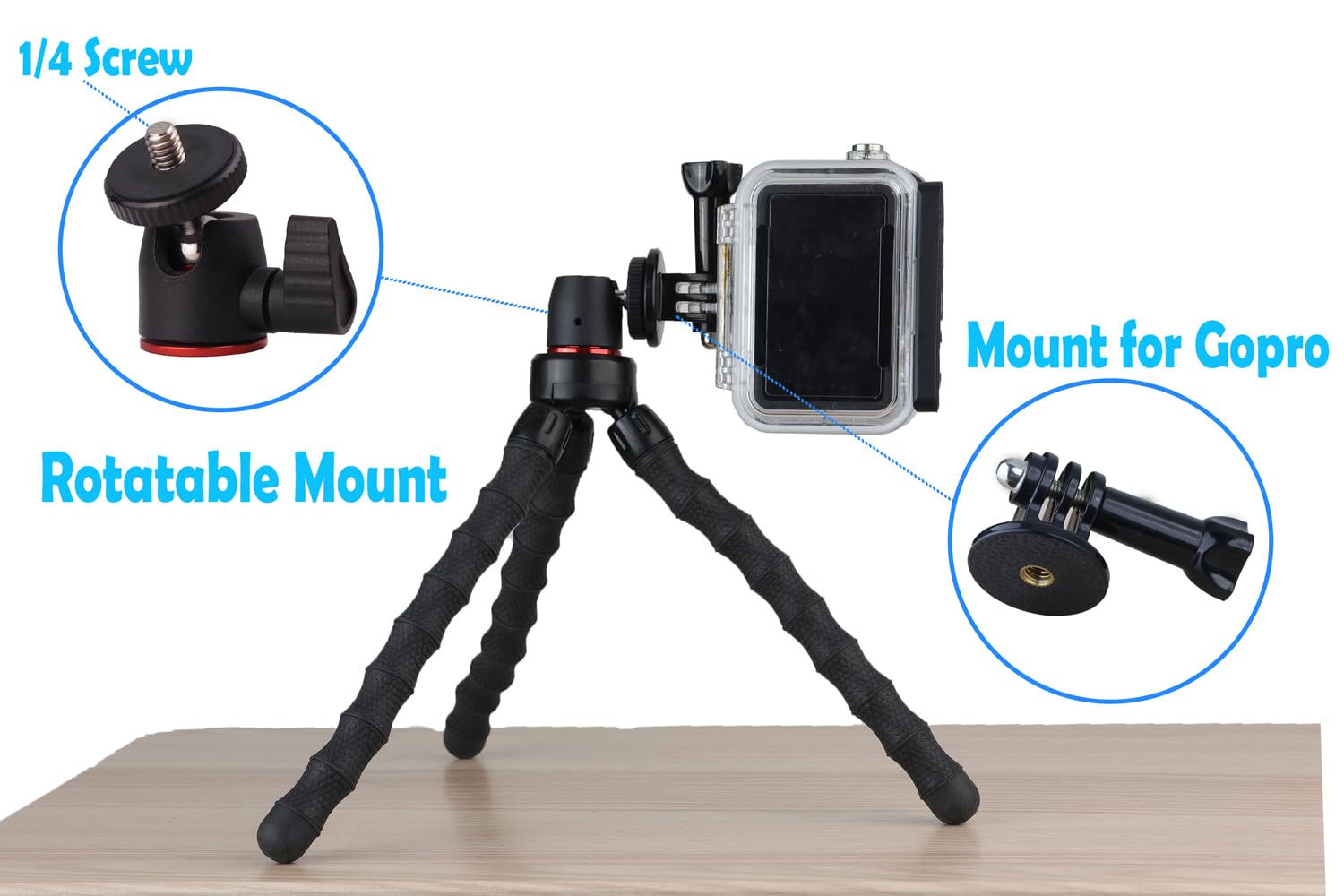 Flexible Camera Tripod for GoPro Hero 13/12/11/10/9 - Bendable 360° Rotating Mount Stand with Phone Holder for Vlogging, YouTube, Travel & Action Photography