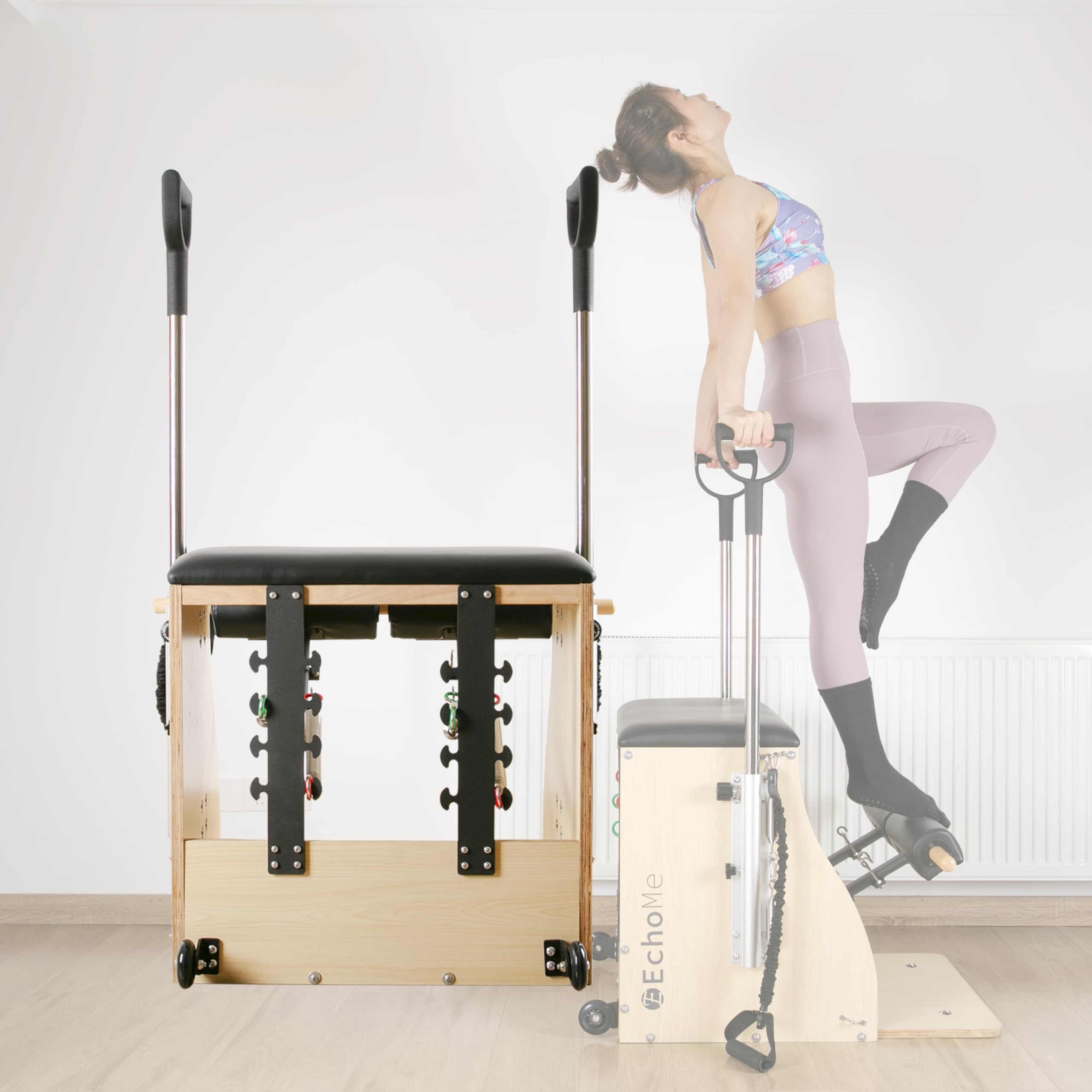 EchoMe Maple Wood Pilates Chair with Handles & Split-Pedal - Stability Yoga Fitness Trainer & Reformer Machine for Home & Studio Use - Perfect for Pilates, Yoga, Core Training & Strength Exercises