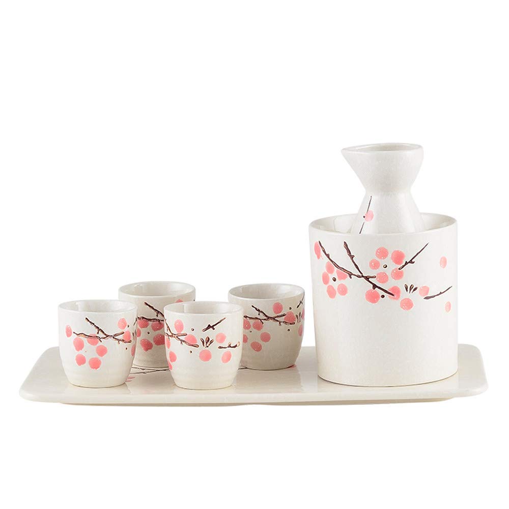 Premium Japanese Sake Set - 7 Piece Ceramic Sake Serving Kit with 1 Bottle, 4 Cups, Warmer Pot & Tray - Pink Blossom Design for Home Entertaining, Gift Giving & Traditional Tea Ceremonies