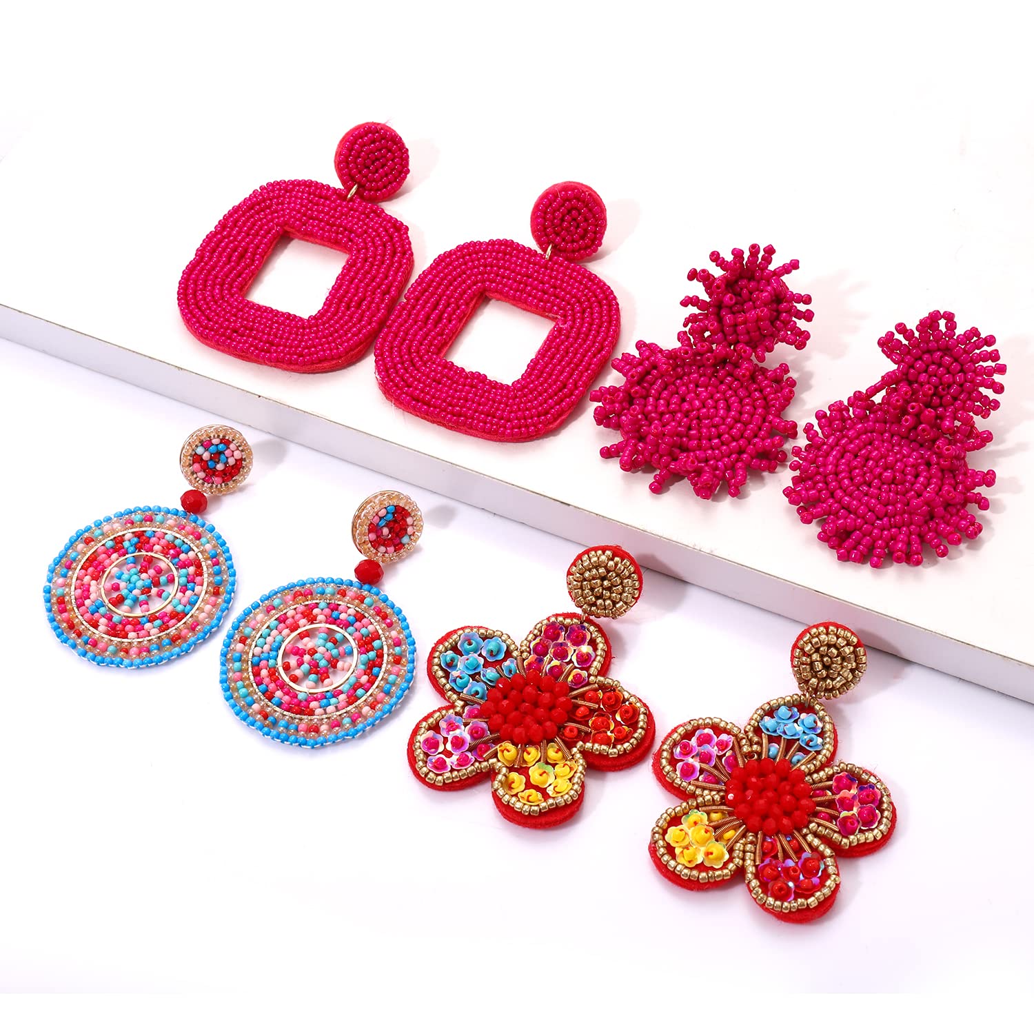 4 Pairs Bohemian Beaded Earrings for Women - Geometric Dangle Earrings with Pineapple & Flower Design, Colorful Summer Jewelry Set, Perfect Gift for Parties, Beach & Casual Wear