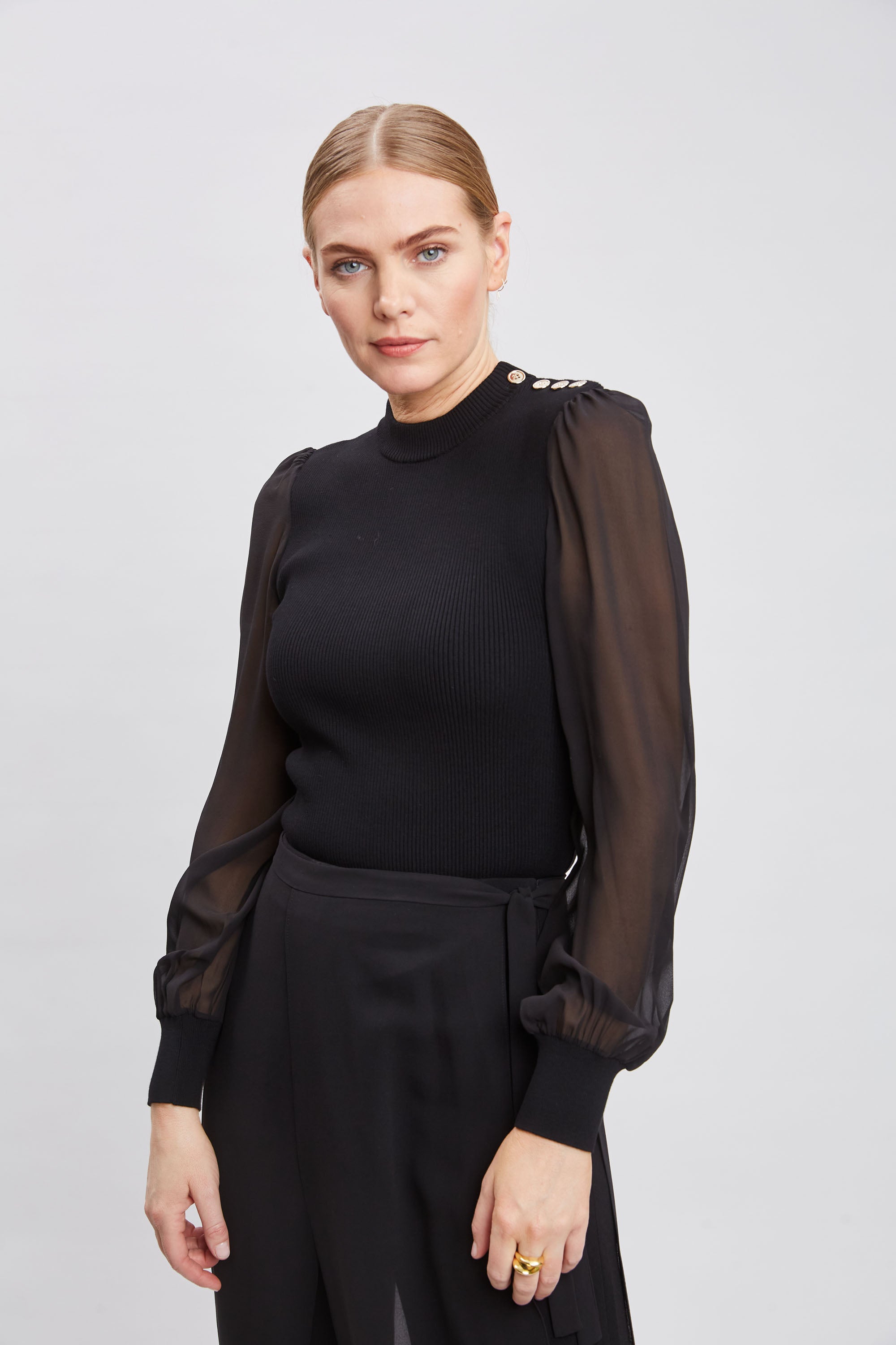 Elegant Chiffon Sleeve Button-Down Knit Top for Women - Perfect for Office Wear, Date Nights & Spring Outfits