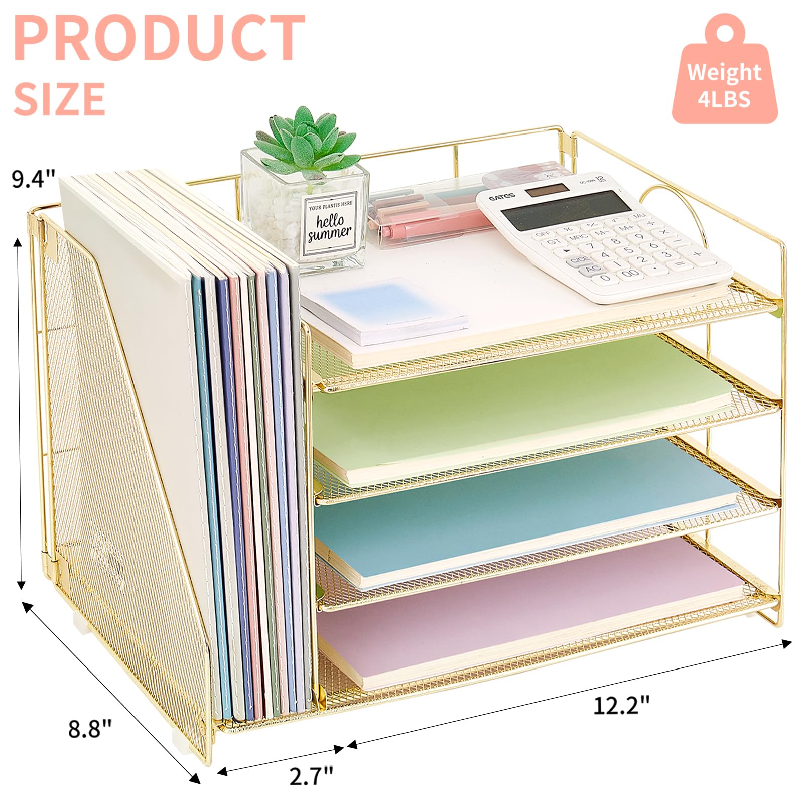 OPNCIE 4-Tier Paper Letter Tray File Organizer - Gold Office Desk Organizer for Documents, Files & Supplies | Perfect for Classroom, Home Office & Workspace Organization | Elegant Storage Solution for Papers, Mail & Office Accessories