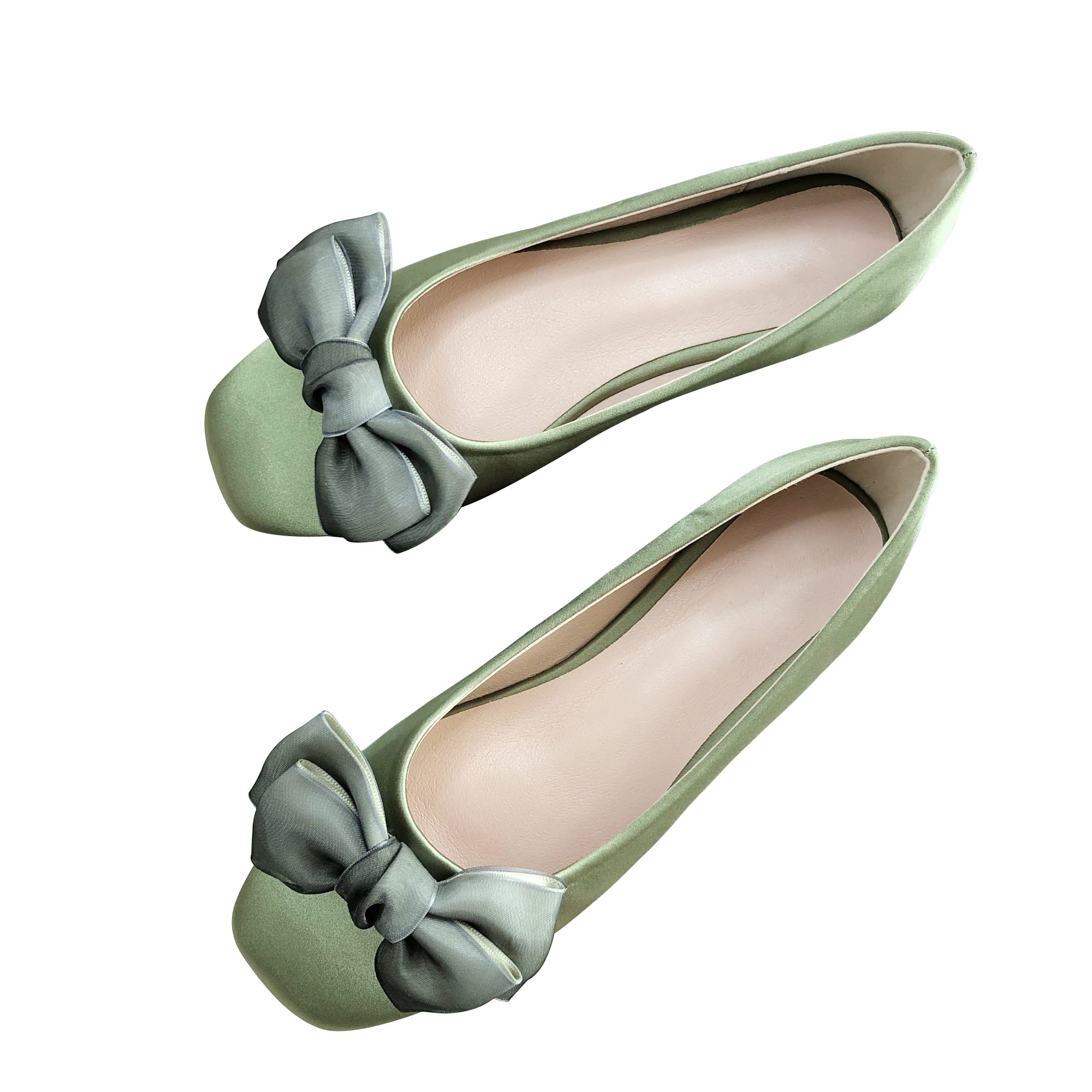 Elegant Bow-Knot Ballet Flats for Women - Comfortable Square Toe Loafers | Satin Bridal Wedding Shoes in Green (Size 4.5) - Perfect for Weddings, Parties & Formal Occasions