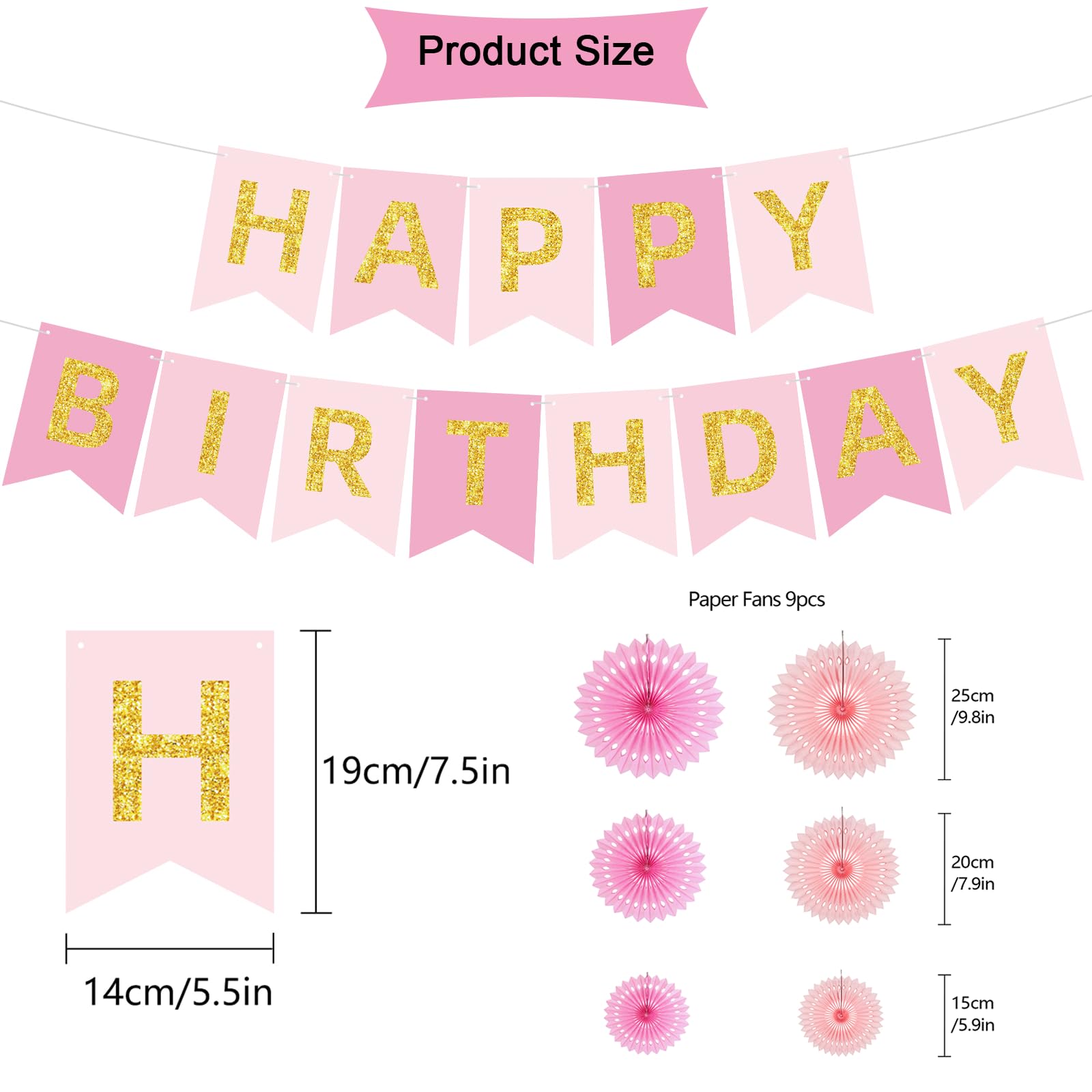 Pink Birthday Party Decorations Kit - Happy Birthday Banner, Tissue Paper Pom Poms & Hanging Fans for Women & Girls | Perfect for Birthday Celebrations, Baby Showers & Bridal Showers