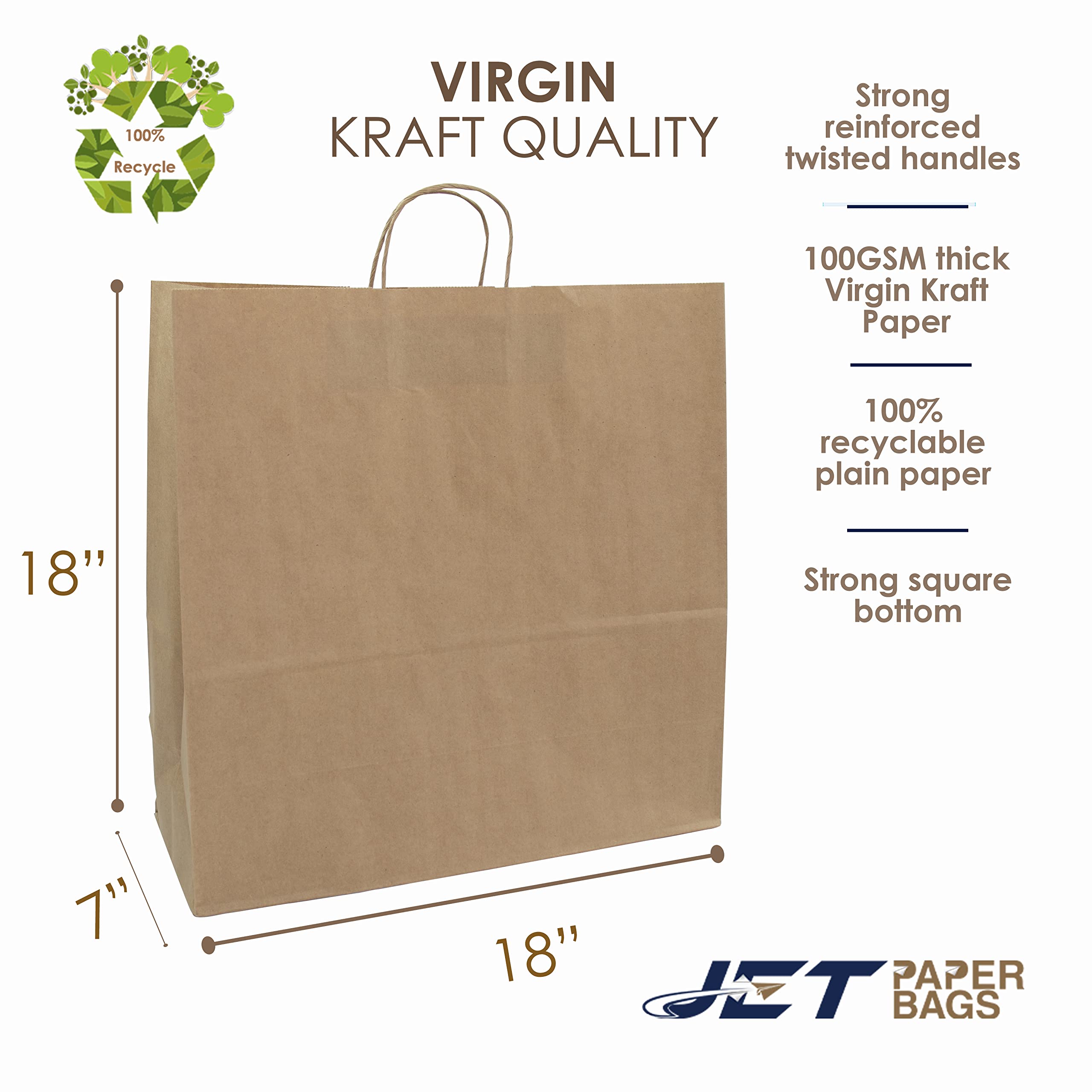 JET PAPER BAGS - 18x7x18 Inch [100 Pcs] Large Brown Kraft Paper Bags with Handles for Takeout, Grocery, Retail, Party, Wedding Gifts - Eco-Friendly Recyclable Gift Bags for Shopping, Packaging, and Events