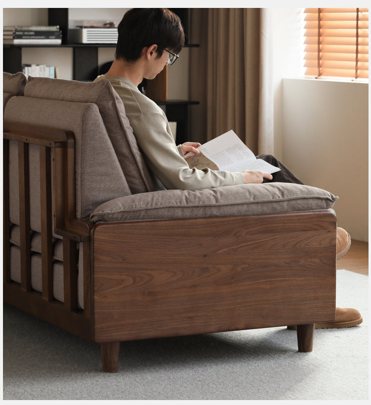 Premium Black Walnut & Ash Solid Wood High Back Sofa - Modern Farmhouse Living Room Furniture for Comfortable Seating & Relaxation - Perfect for Home, Office, or Lounge Areas