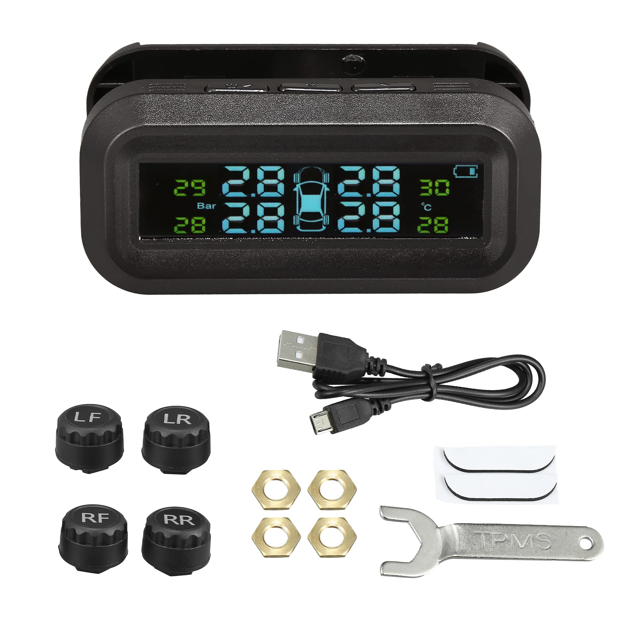 X AUTOHAUX Universal Wireless Solar TPMS - 4 External Sensors, 5 Alarm Modes, LCD Real-Time Display Tire Pressure Monitoring System for Car, RV, SUV, MPV | Smart Vehicle Safety for Long Trips & Off-Road Adventures