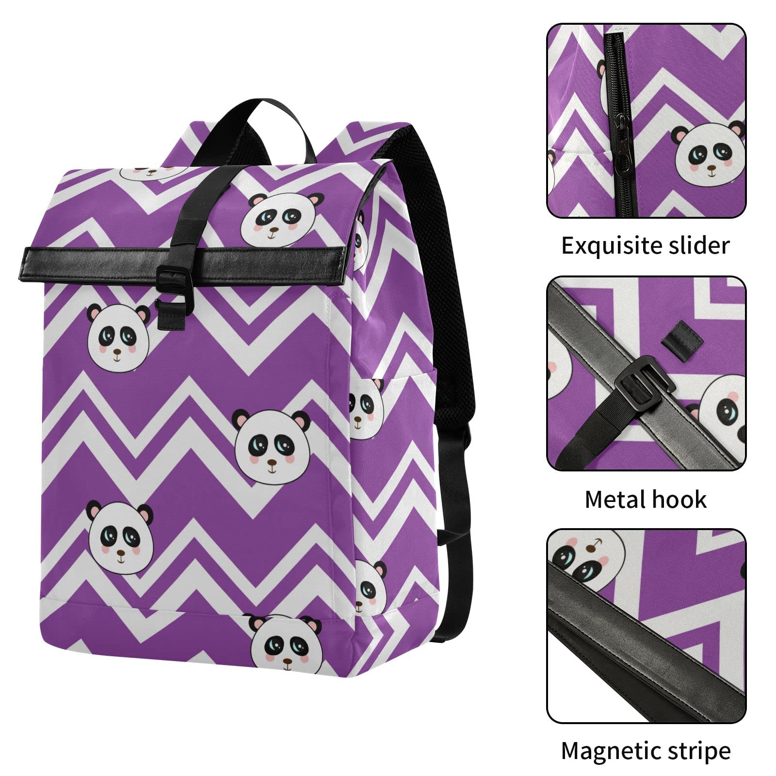 Acpiggto Roll Top Laptop Backpack - Cute Panda Design with Zigzag Stripes in Purple, Waterproof Travel Daypack for Hiking, Gym, Camping & School - Perfect for Work, College & Outdoor Adventures