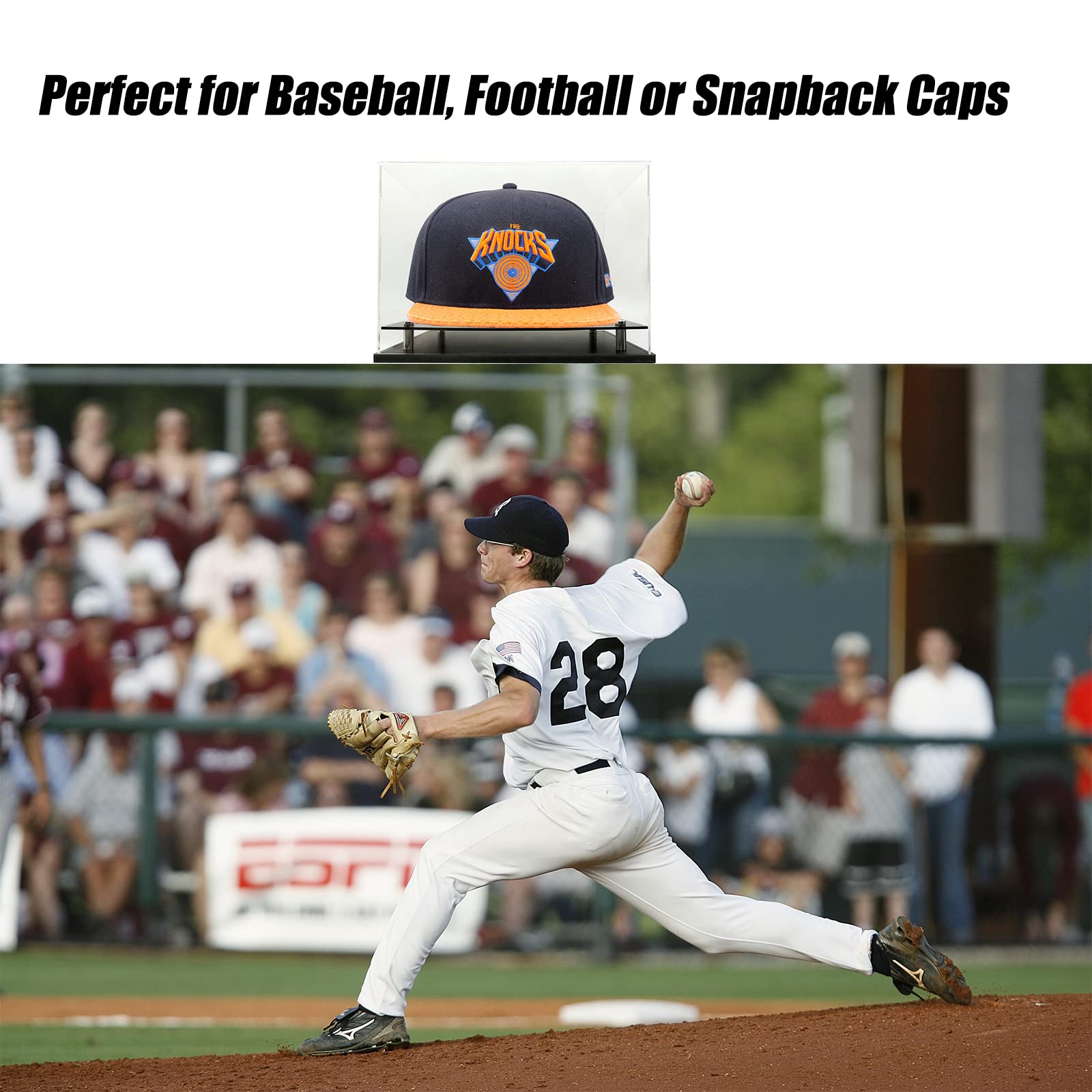 Acrylic Baseball Cap Display Case with Metal Base - Clear Hat Holder Stand for Baseball, Football, Snapback Caps & Mini Helmets - Perfect for Collectors, Retail Stores & Home Decor