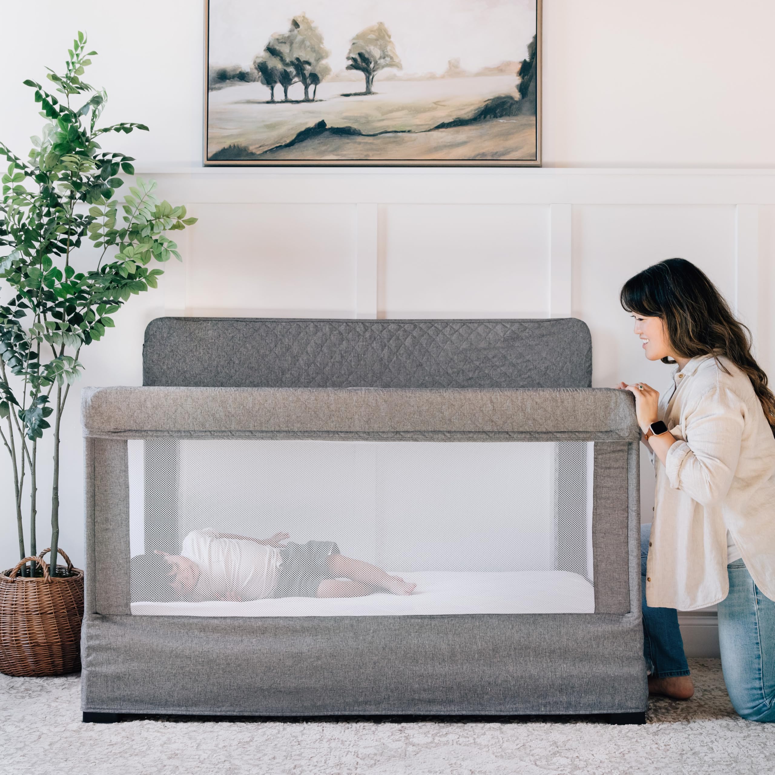 Baby Delight Lunaire Full Size Crib & Playard - Breathable Mesh Baby Crib with Tool-Free Assembly, Charcoal Tweed | Safe Nursery Bed for Newborns & Toddlers | Perfect for Daytime Naps & Overnight Sleeping