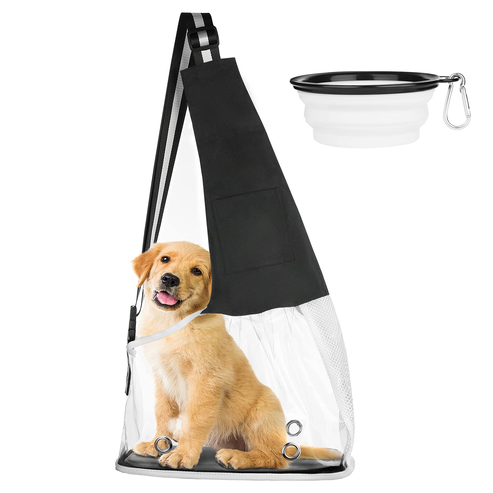 SLSON Transparent Pet Sling Carrier - Hands Free Adjustable Shoulder Bag for Small Dogs & Cats | Breathable Travel Carrier with Collapsible Bowl | Perfect for Hiking, Shopping & Outdoor Adventures